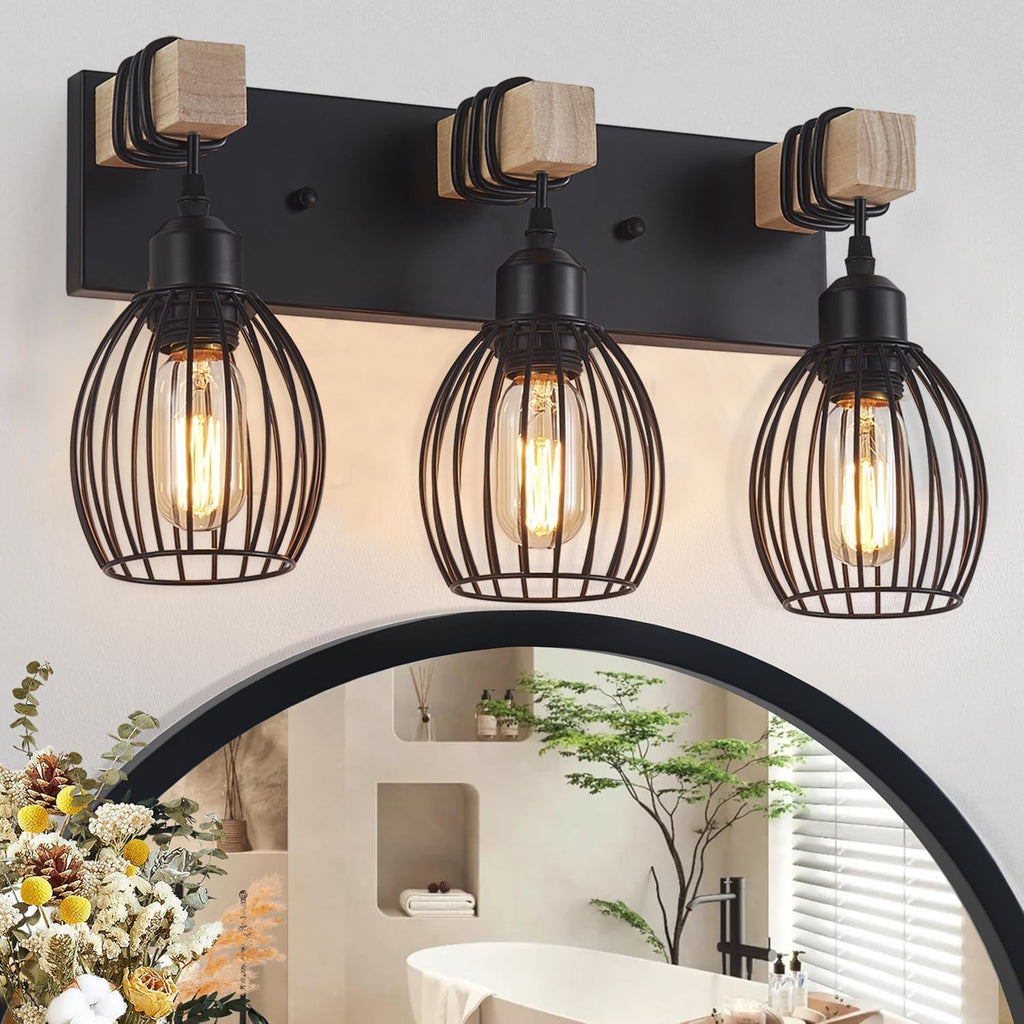3-Light Farmhouse Vanity Light for Bathroom, Wood Wall Sconce with Elegant Teardrop Cage, Industrial Black Vanity Lights Over Mirror for Living Room Bedroom Hallway