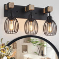 3-Light Farmhouse Vanity Light for Bathroom, Wood Wall Sconce with Elegant Teardrop Cage, Industrial Black Vanity Lights Over Mirror for Living Room Bedroom Hallway
