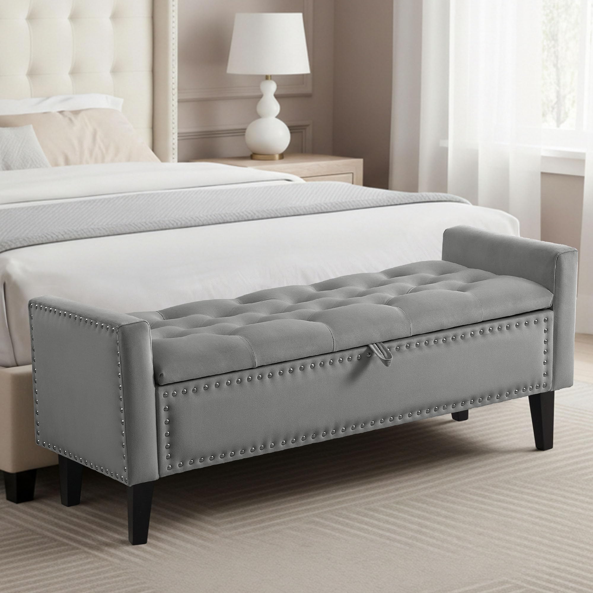 47in Velvet Storage Ottoman Bench with Arms, Upholstered Storage Bench with Wooden Legs, Storage Bench for Bedroom, Living Room, Entryway, Blue Grey