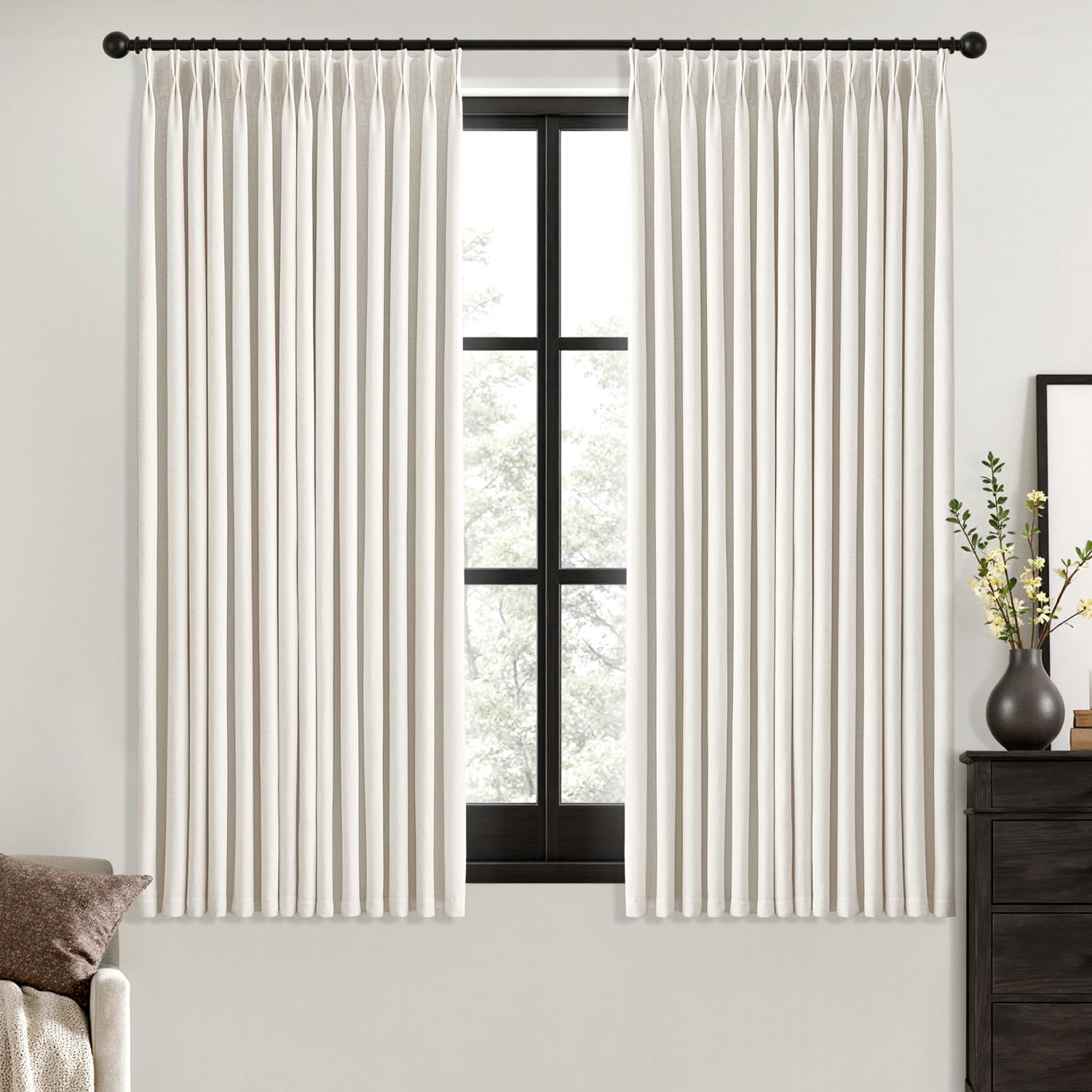 MIULEE Olive Green Pinch Pleated 100% Blackout Linen Curtains 90 Inch Length 2 Panels Set, Black Out Memory Trained Pleat Curtains Light Blocking Room Darkening Drapes for Bedroom Living Room Window