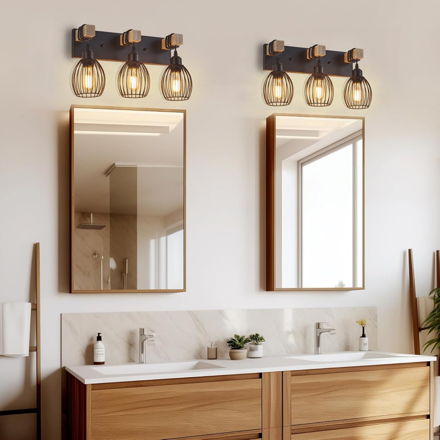 3-Light Farmhouse Vanity Light for Bathroom, Wood Wall Sconce with Elegant Teardrop Cage, Industrial Black Vanity Lights Over Mirror for Living Room Bedroom Hallway