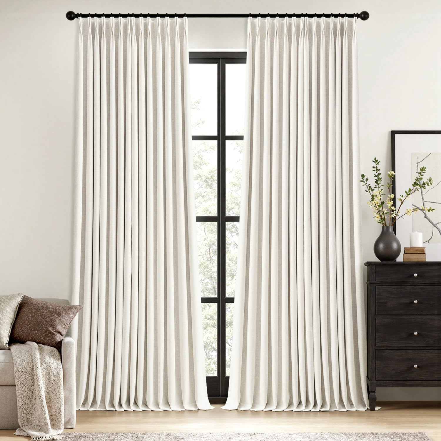 MIULEE Olive Green Pinch Pleated 100% Blackout Linen Curtains 90 Inch Length 2 Panels Set, Black Out Memory Trained Pleat Curtains Light Blocking Room Darkening Drapes for Bedroom Living Room Window