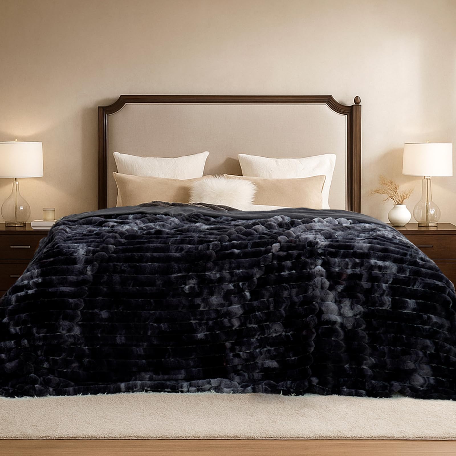 Cozy Bliss Faux Fur Throw Blanket for Couch, Cozy Warm Plush Striped Blanket for Sofa Bedroom Living Room, 50 * 60 Inches Cream White