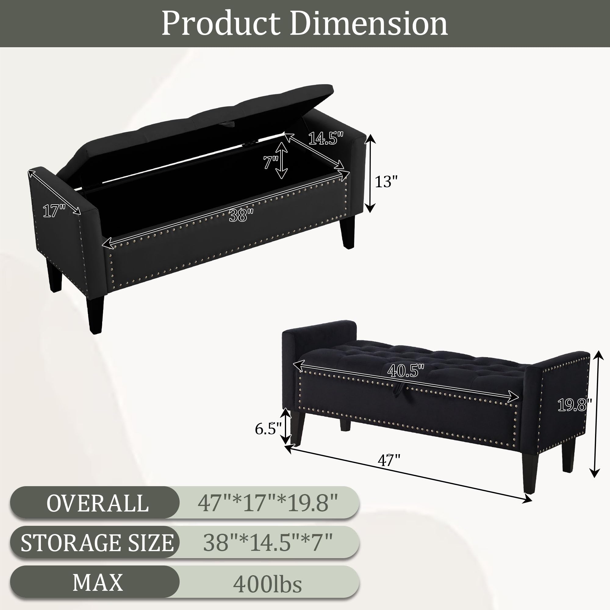 47in Velvet Storage Ottoman Bench with Arms, Upholstered Storage Bench with Wooden Legs, Storage Bench for Bedroom, Living Room, Entryway, Blue Grey