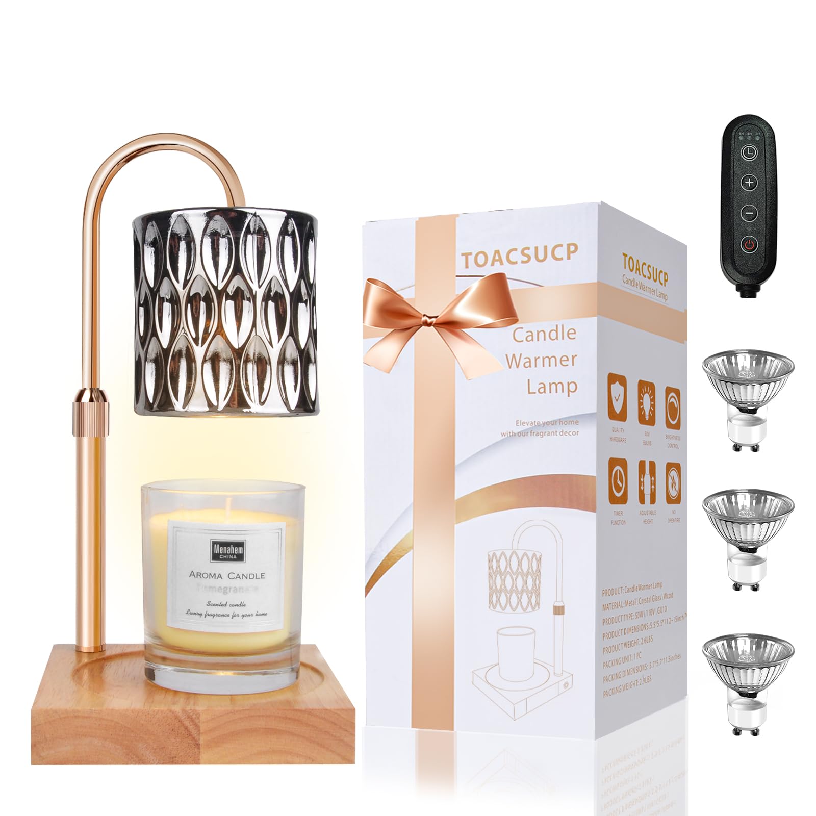 Candle Warmer Lamp with 3 Bulbs, Adjustable Height Dimmable Candle Warmer with Timer, Candle Lamp with Charming Gift Box Ribbon,Birthday Gifts for Women Mom, House Warming Gifts New Home Decor