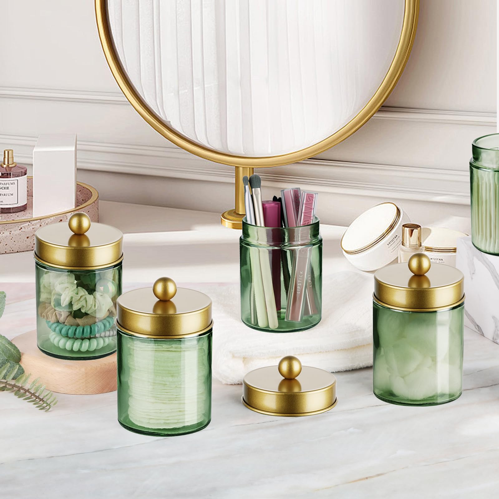 Amolliar 4Pc Apothecary Jars Bathroom Vanity Storage Organizer Set -Countertop Canister with Stainless Steel Lids &Stickers - Qtip Dispenser Holder for Qtip,Cotton Swab,Makeup Sponge (Brushed Nickel)