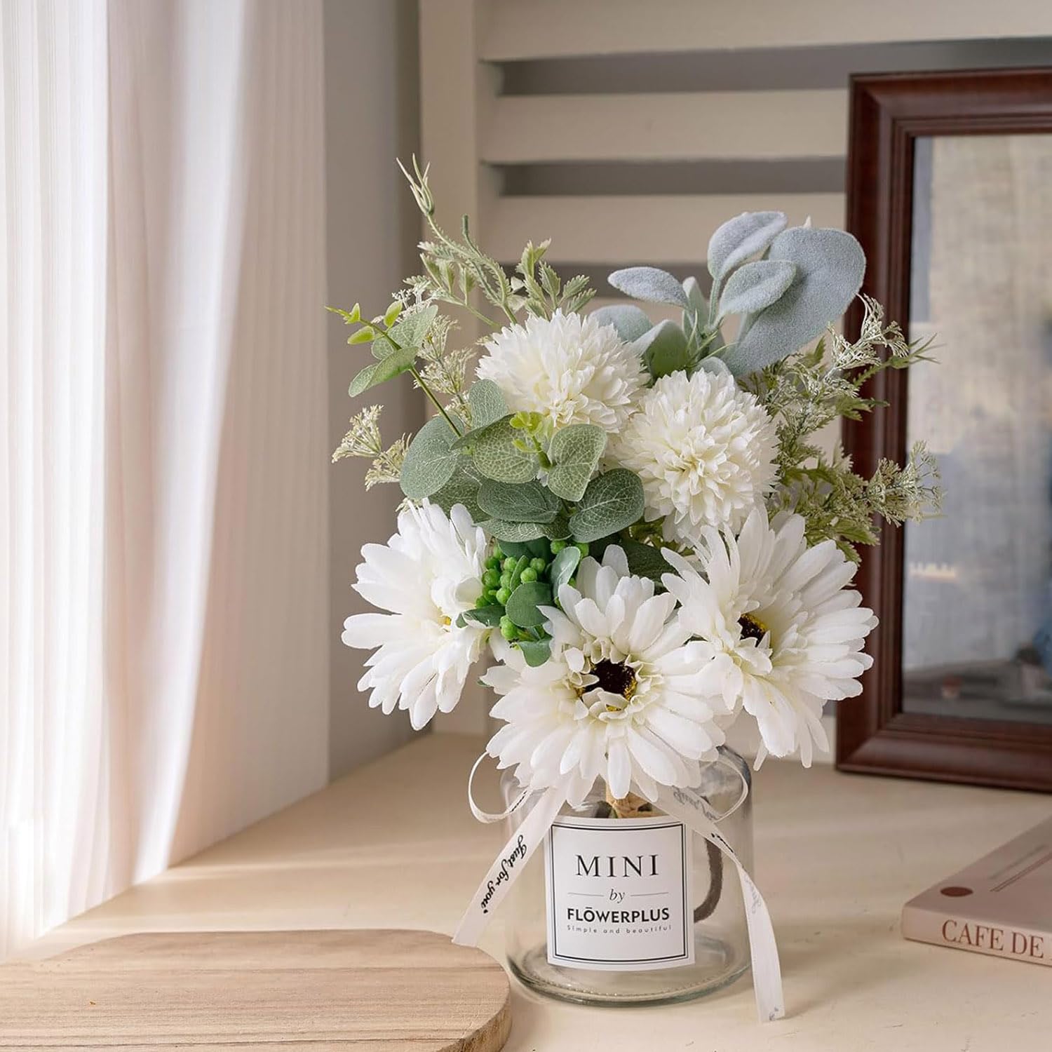 LADADA Artificial Flowers with Small Ceramic Vases, Roses in Vases Plastic Artificial Flowers and Plants,Used for Home Office Wedding Decoration, Table Decoration(White+Black)