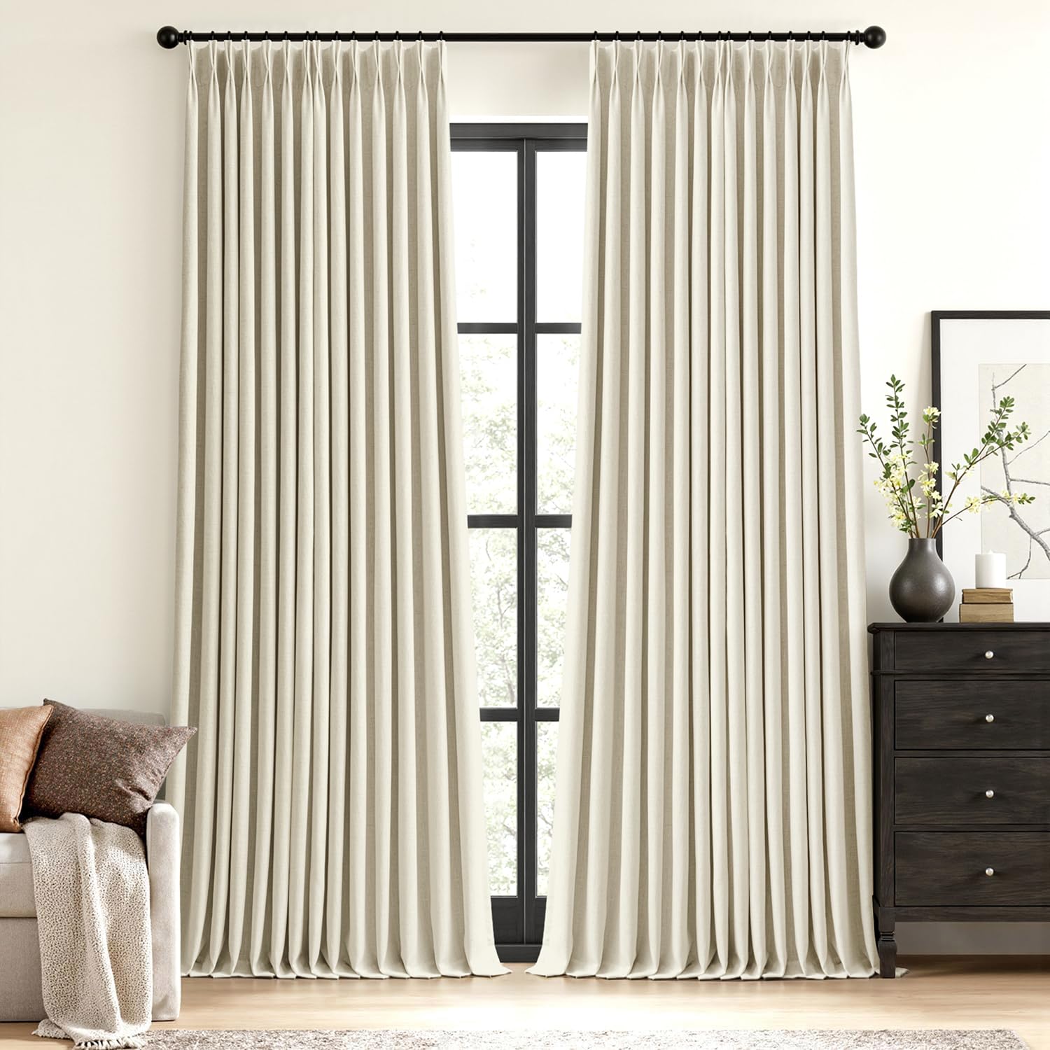 MIULEE Olive Green Pinch Pleated 100% Blackout Linen Curtains 90 Inch Length 2 Panels Set, Black Out Memory Trained Pleat Curtains Light Blocking Room Darkening Drapes for Bedroom Living Room Window
