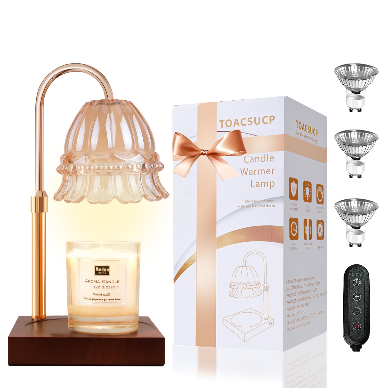 Candle Warmer Lamp with 3 Bulbs, Adjustable Height Dimmable Candle Warmer with Timer, Candle Lamp with Charming Gift Box Ribbon,Birthday Gifts for Women Mom, House Warming Gifts New Home Decor