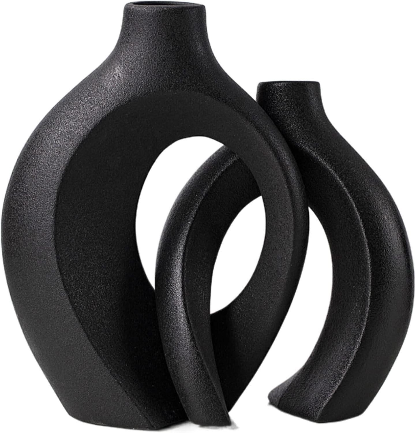 Levvohd Black Hollow Ceramic Vase Set of 2, Snuggle Round Boho Donut Modern Vase Nordic Minimalist Decorative Vase for Modern Trendy Home Table Centerpiece Decor (W 6.3" X H 8")