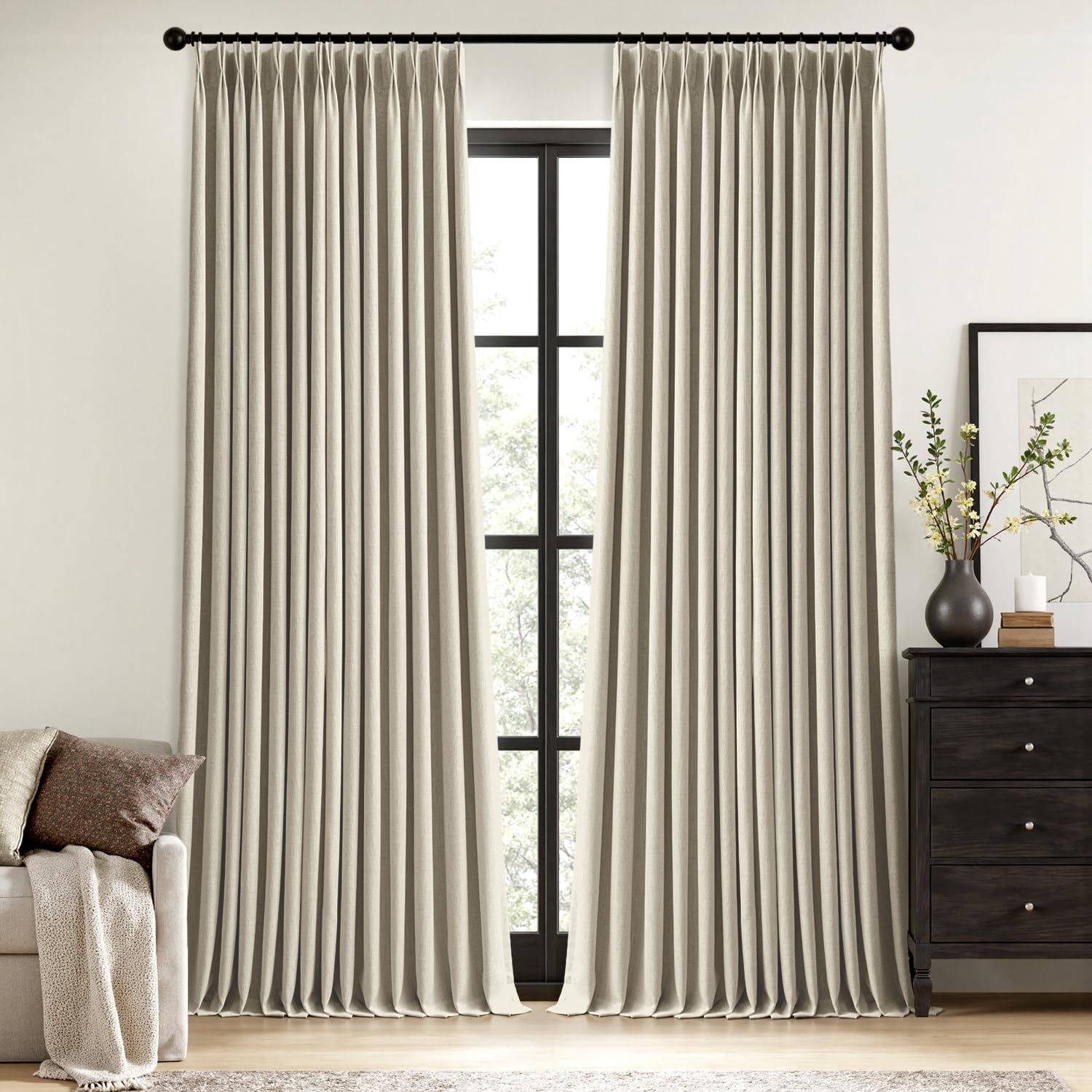 MIULEE Olive Green Pinch Pleated 100% Blackout Linen Curtains 90 Inch Length 2 Panels Set, Black Out Memory Trained Pleat Curtains Light Blocking Room Darkening Drapes for Bedroom Living Room Window