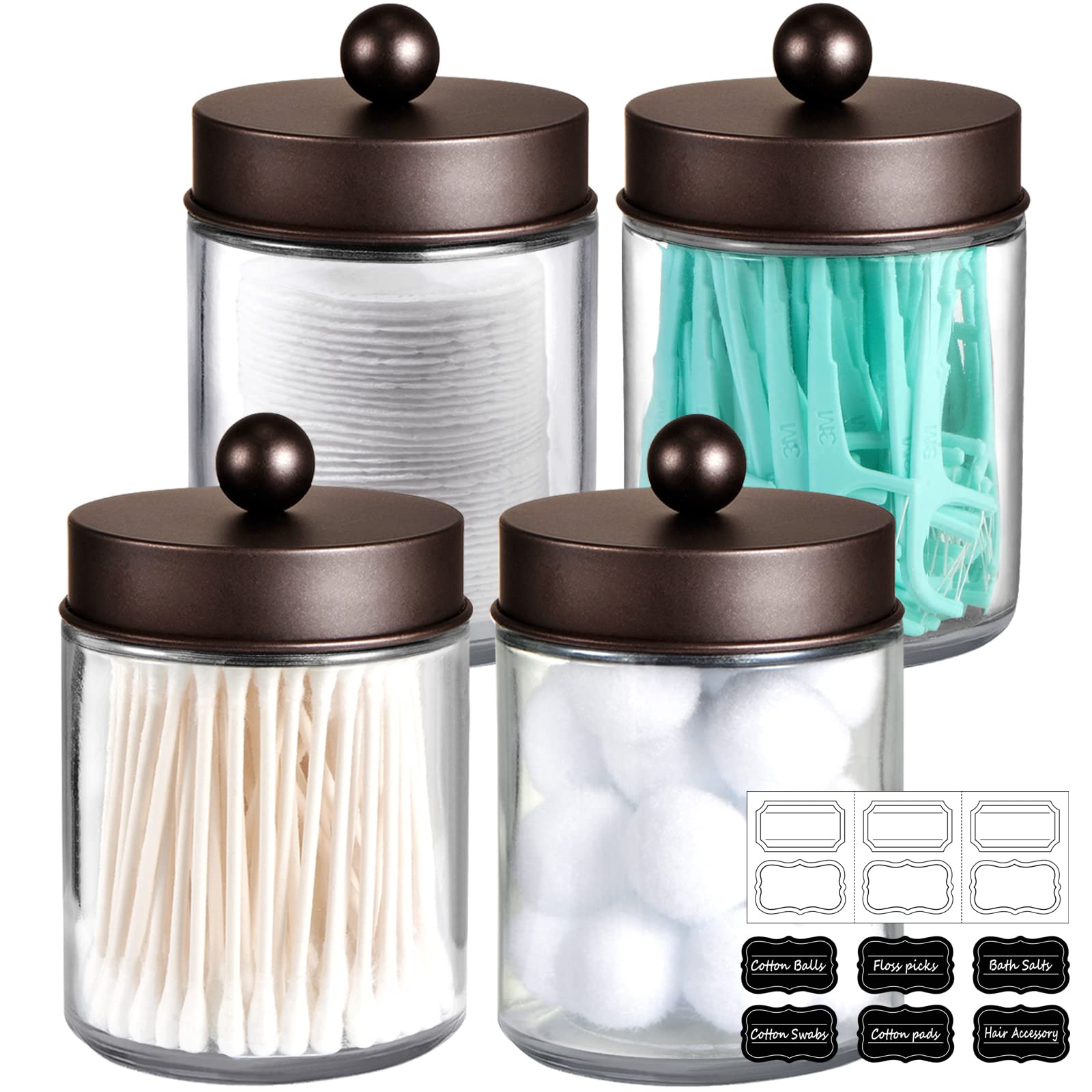 Amolliar 4Pc Apothecary Jars Bathroom Vanity Storage Organizer Set -Countertop Canister with Stainless Steel Lids &Stickers - Qtip Dispenser Holder for Qtip,Cotton Swab,Makeup Sponge (Brushed Nickel)