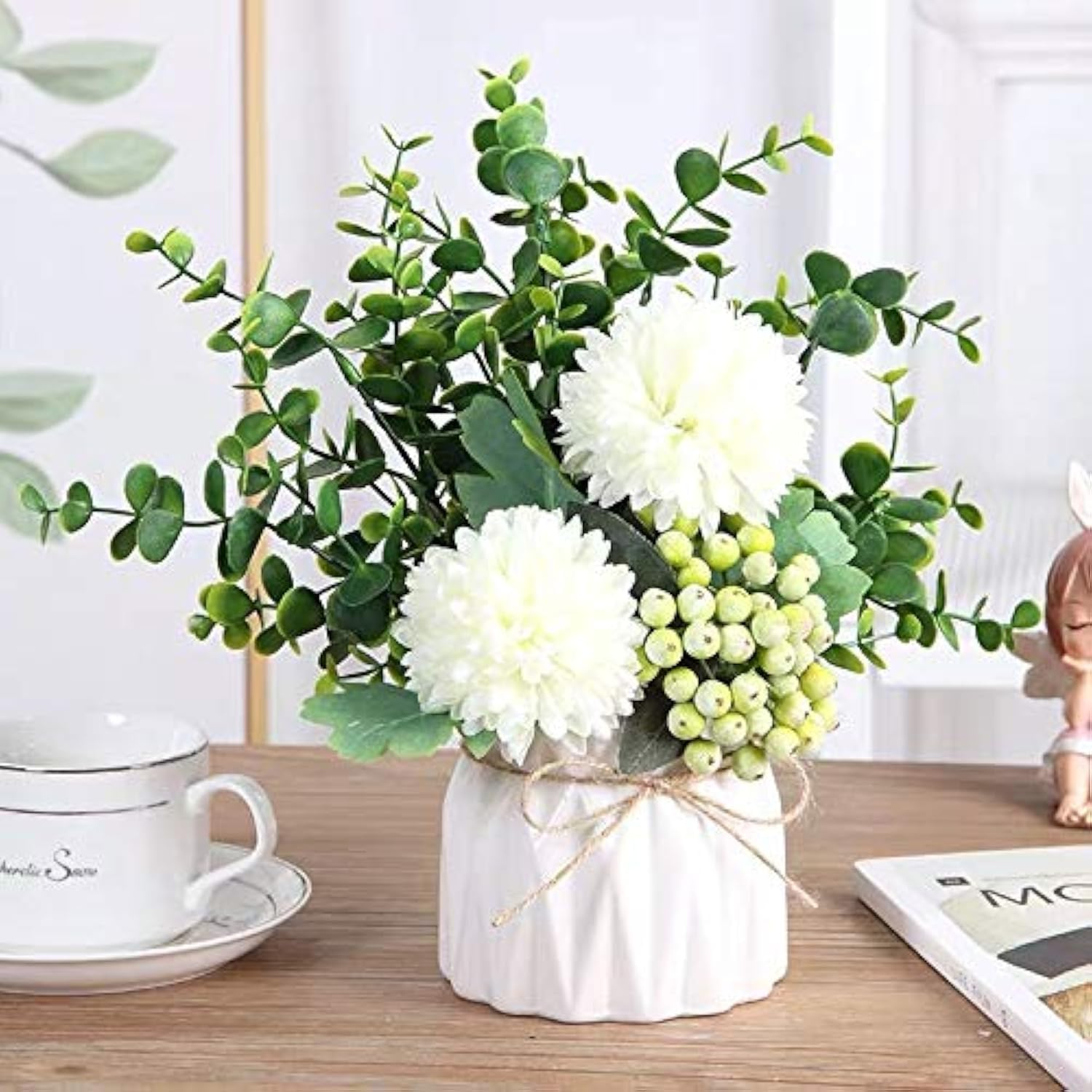 LADADA Artificial Flowers with Small Ceramic Vases, Roses in Vases Plastic Artificial Flowers and Plants,Used for Home Office Wedding Decoration, Table Decoration(White+Black)