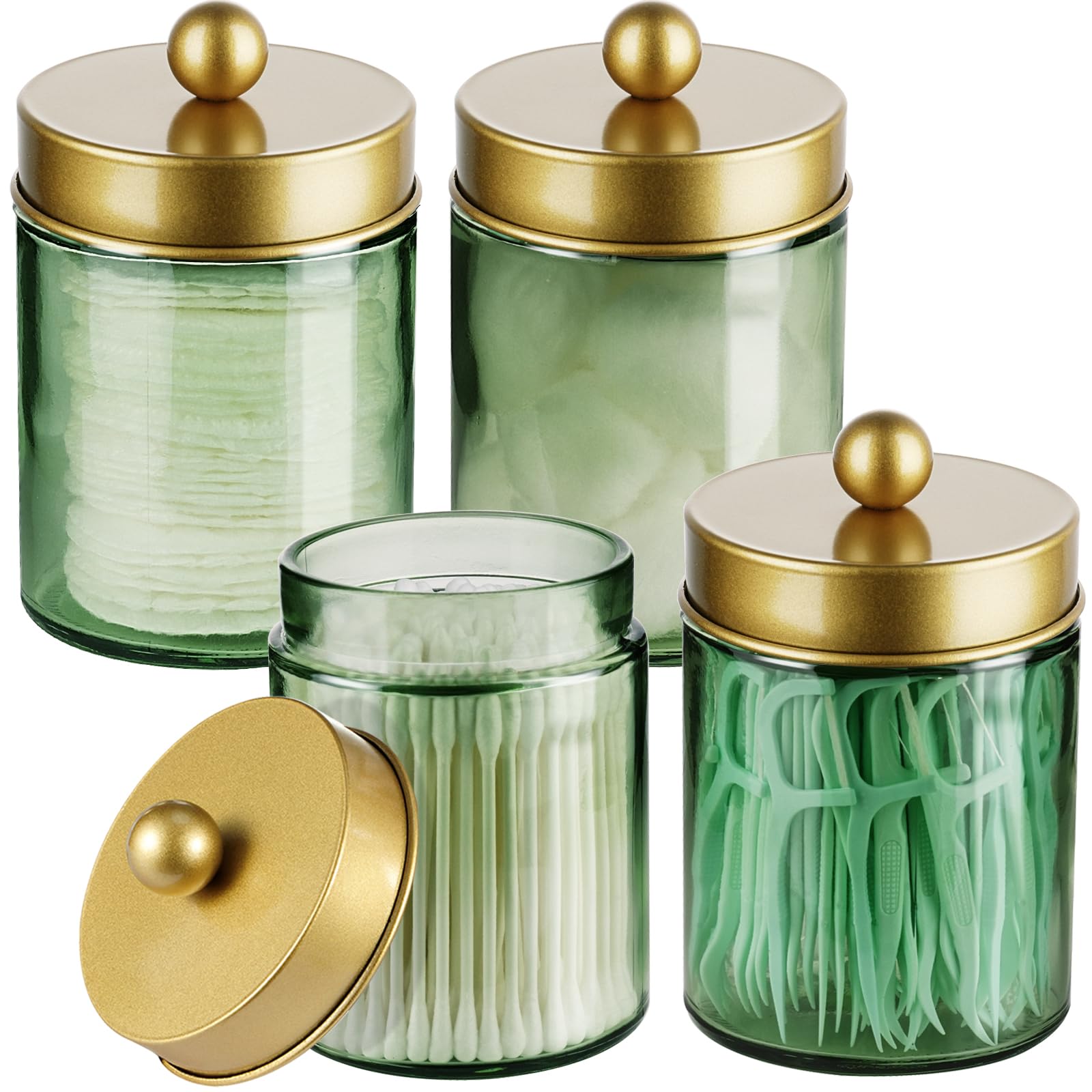 Amolliar 4Pc Apothecary Jars Bathroom Vanity Storage Organizer Set -Countertop Canister with Stainless Steel Lids &Stickers - Qtip Dispenser Holder for Qtip,Cotton Swab,Makeup Sponge (Brushed Nickel)