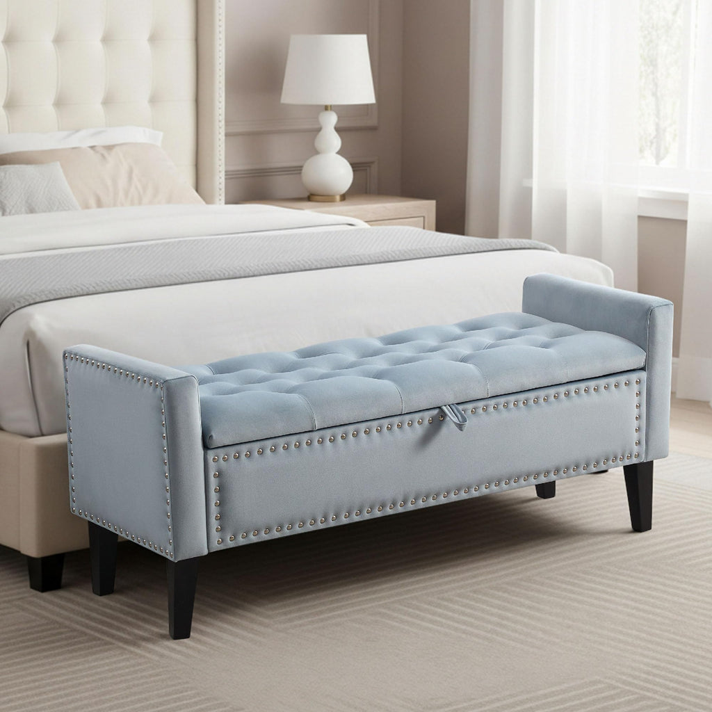47in Velvet Storage Ottoman Bench with Arms, Upholstered Storage Bench with Wooden Legs, Storage Bench for Bedroom, Living Room, Entryway, Blue Grey