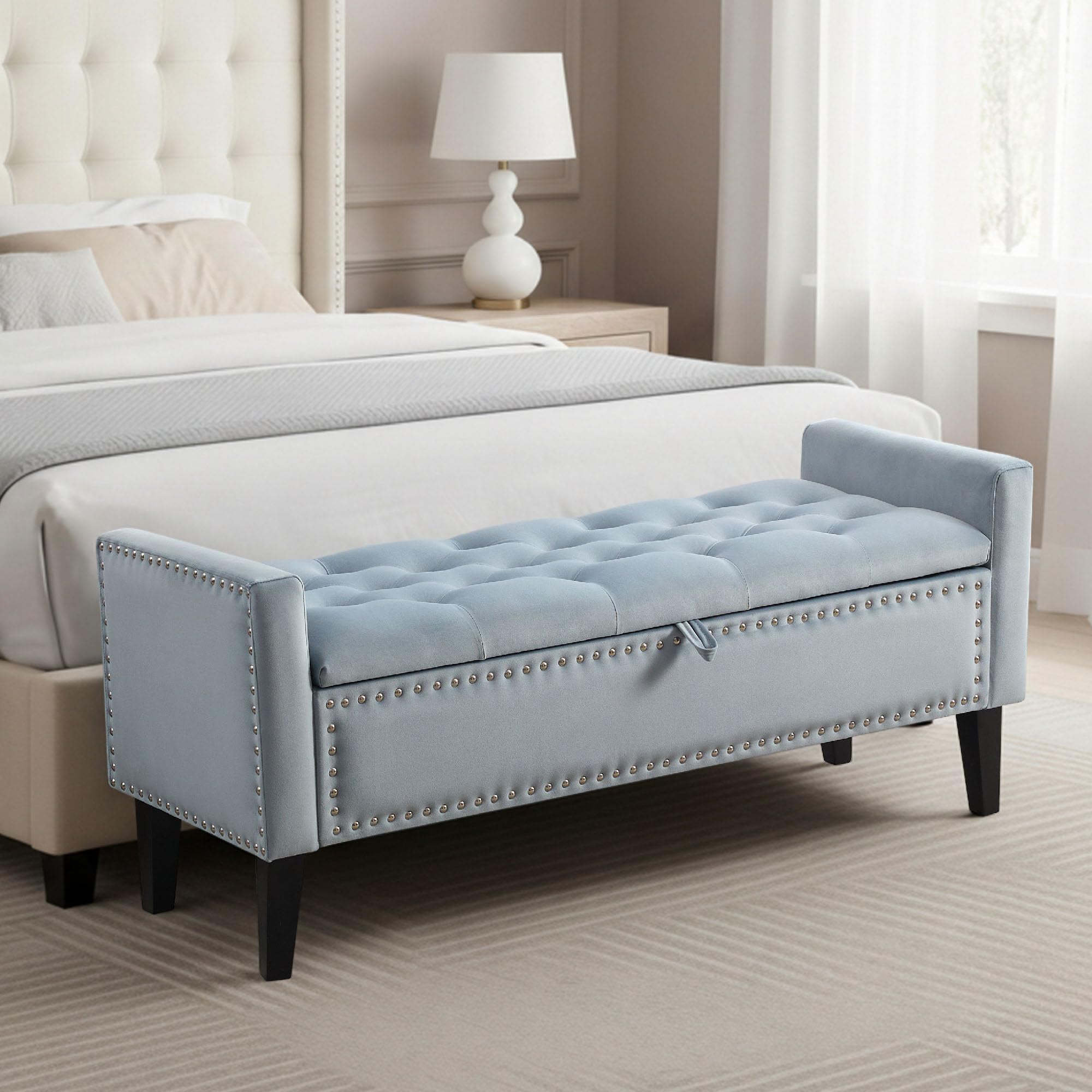 47in Velvet Storage Ottoman Bench with Arms, Upholstered Storage Bench with Wooden Legs, Storage Bench for Bedroom, Living Room, Entryway, Blue Grey