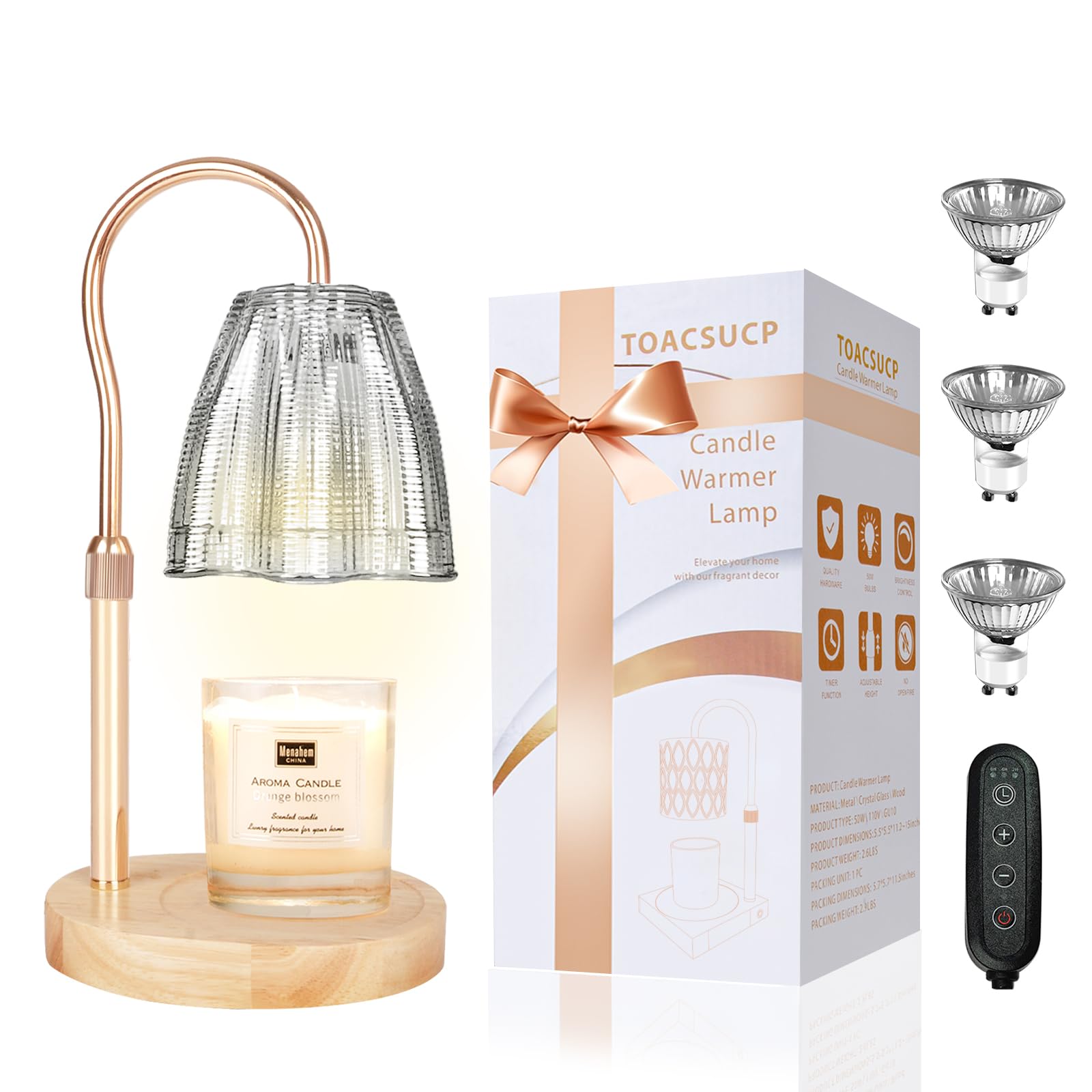 Candle Warmer Lamp with 3 Bulbs, Adjustable Height Dimmable Candle Warmer with Timer, Candle Lamp with Charming Gift Box Ribbon,Birthday Gifts for Women Mom, House Warming Gifts New Home Decor