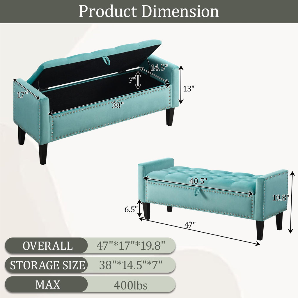 47in Velvet Storage Ottoman Bench with Arms, Upholstered Storage Bench with Wooden Legs, Storage Bench for Bedroom, Living Room, Entryway, Blue Grey