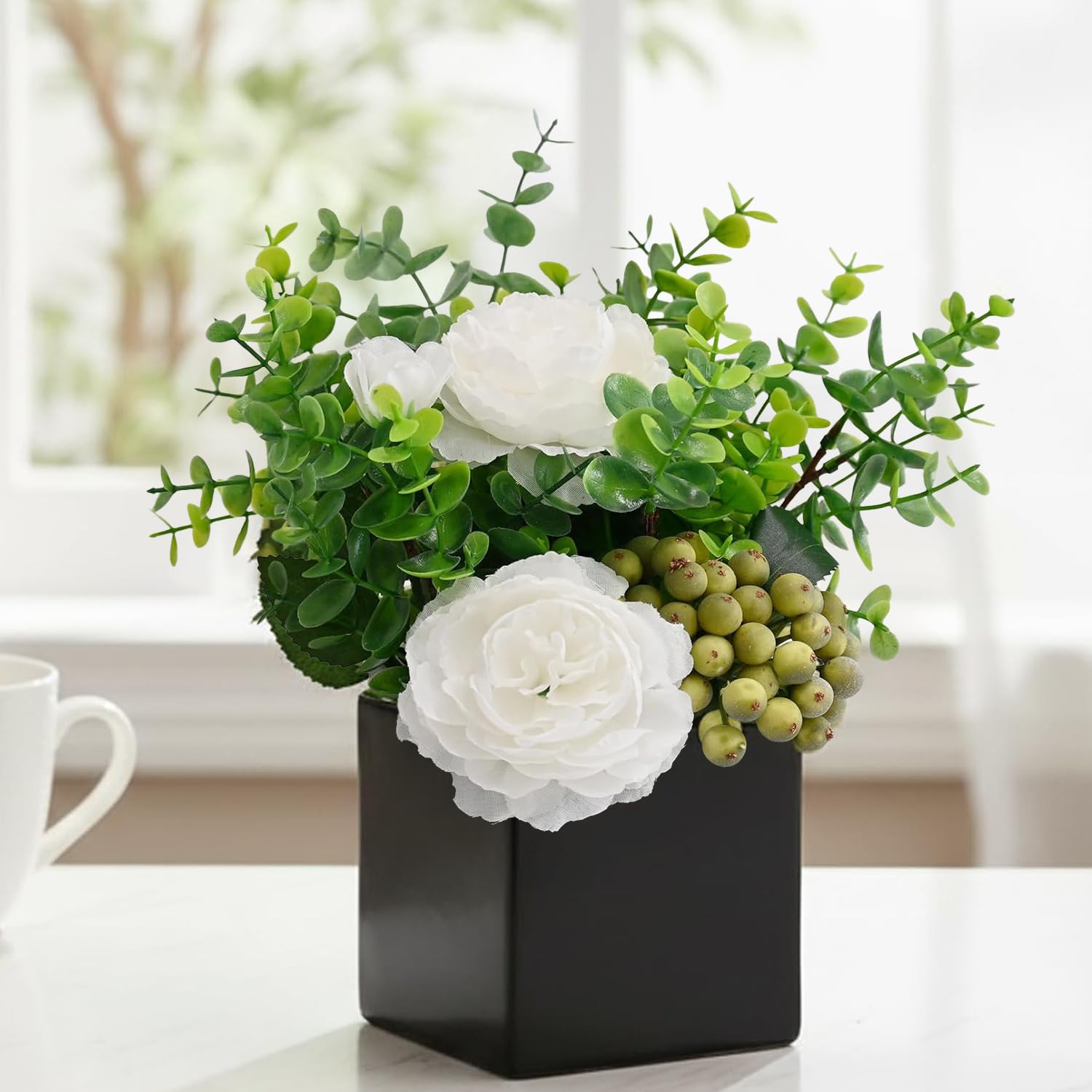 LADADA Artificial Flowers with Small Ceramic Vases, Roses in Vases Plastic Artificial Flowers and Plants,Used for Home Office Wedding Decoration, Table Decoration(White+Black)