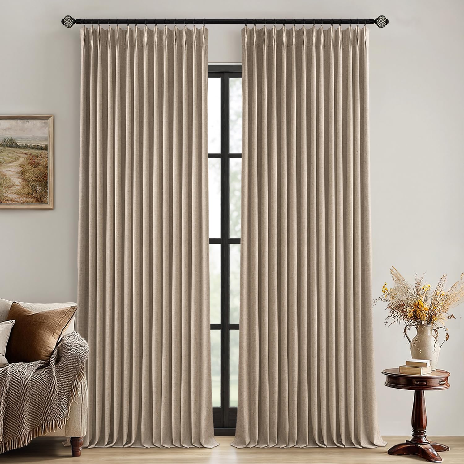 MIULEE Olive Green Pinch Pleated 100% Blackout Linen Curtains 90 Inch Length 2 Panels Set, Black Out Memory Trained Pleat Curtains Light Blocking Room Darkening Drapes for Bedroom Living Room Window