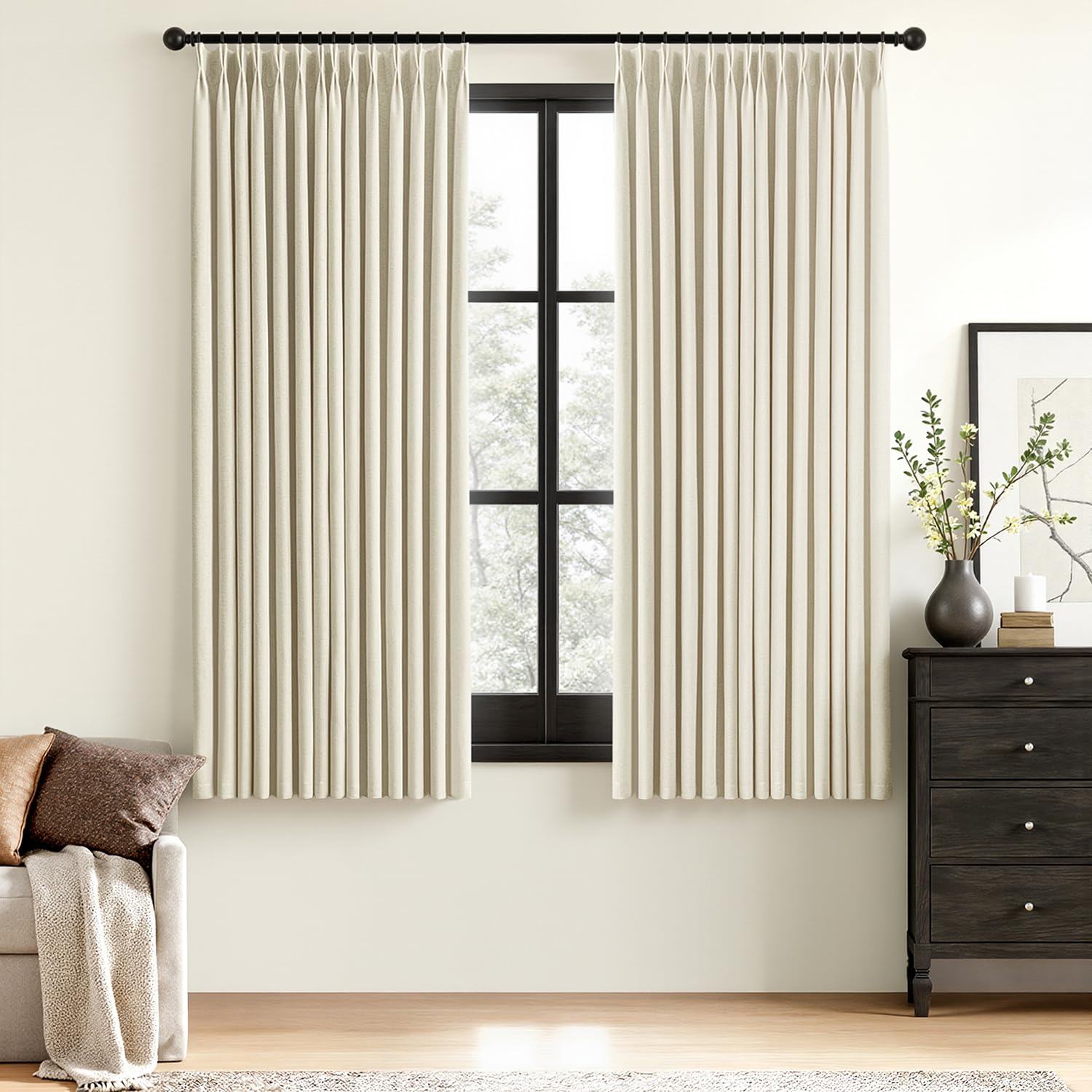 MIULEE Olive Green Pinch Pleated 100% Blackout Linen Curtains 90 Inch Length 2 Panels Set, Black Out Memory Trained Pleat Curtains Light Blocking Room Darkening Drapes for Bedroom Living Room Window