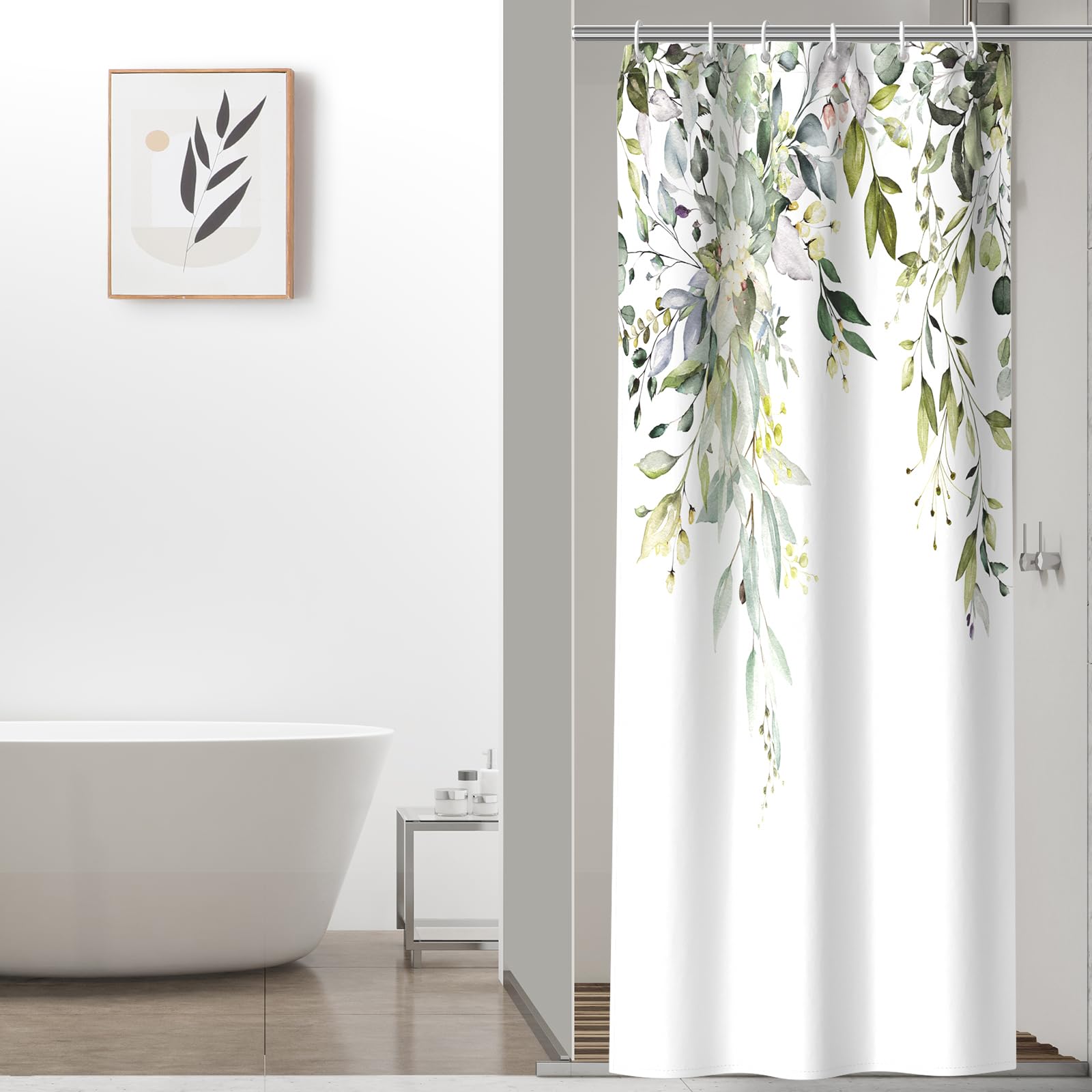 Colorful Star Sage Green Eucalyptus Waterproof Shower Curtain Set with Hooks, Minimalist Watercolor Floral Print Bathroom Décor, Plant Leaves Washable Fabric Shower Curtain, 72 x 72 Inch