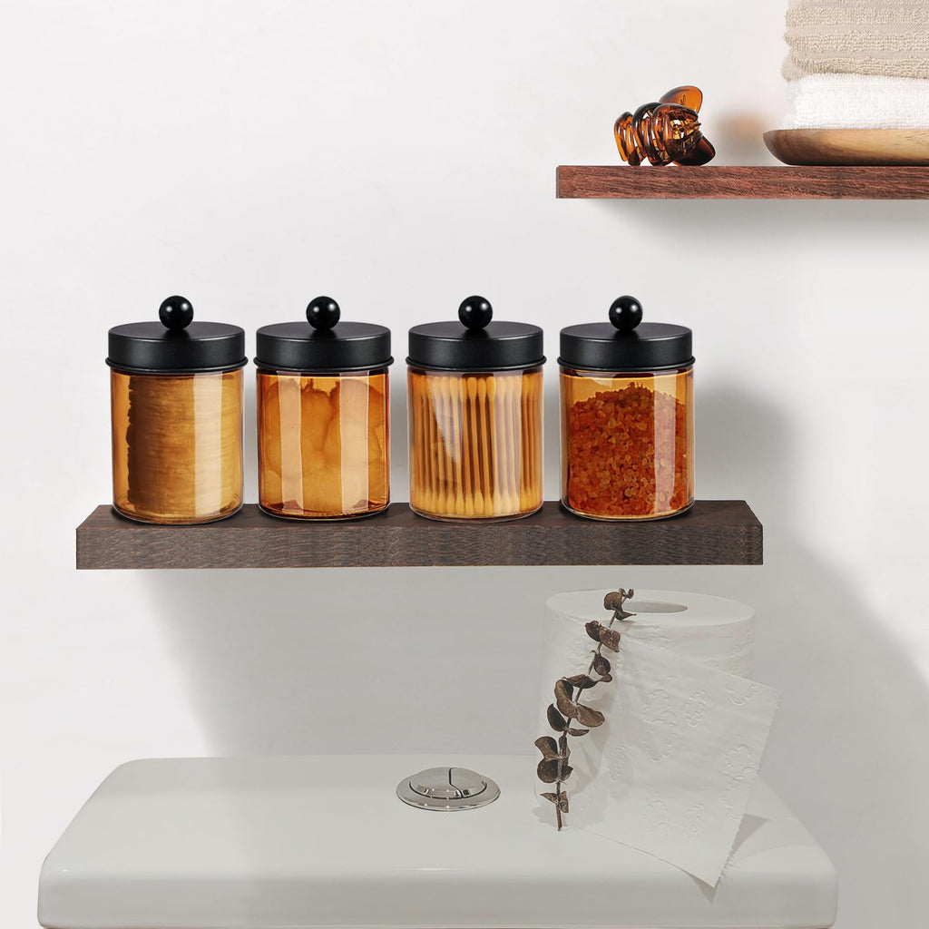 Amolliar 4Pc Apothecary Jars Bathroom Vanity Storage Organizer Set -Countertop Canister with Stainless Steel Lids &Stickers - Qtip Dispenser Holder for Qtip,Cotton Swab,Makeup Sponge (Brushed Nickel)