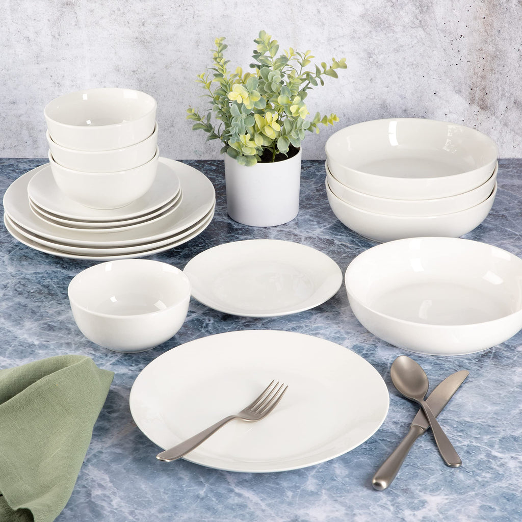 Gibson Home Oslo Porcelain Chip and Scratch Resistant Dinnerware Set, Service for 4 (16pcs), Ceramic Plates and Bowls Dishes Sets, White - Microwave and Dishwasher Safe