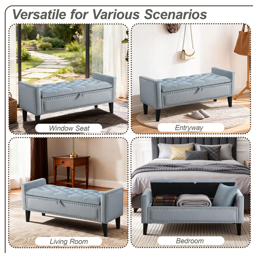 47in Velvet Storage Ottoman Bench with Arms, Upholstered Storage Bench with Wooden Legs, Storage Bench for Bedroom, Living Room, Entryway, Blue Grey