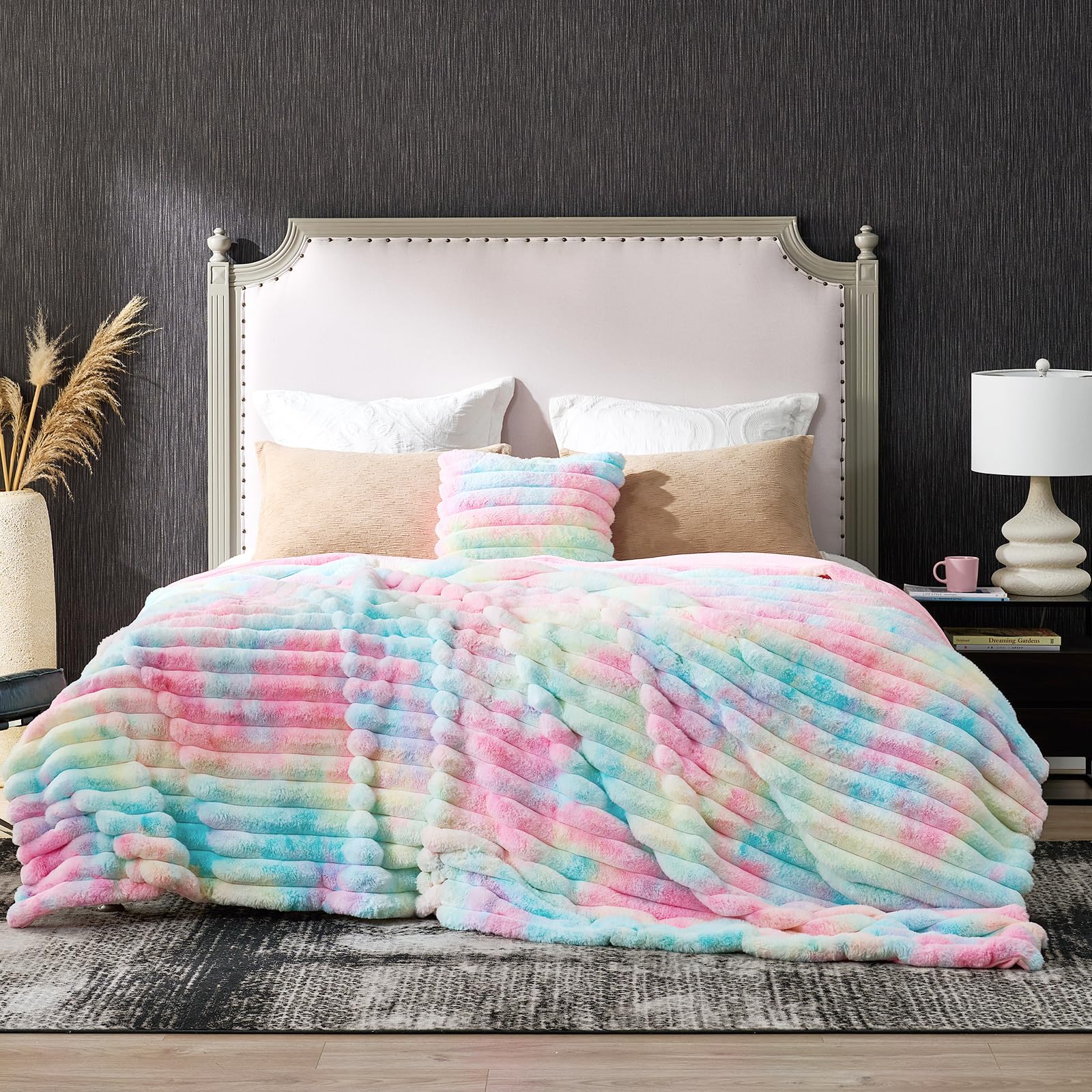 Cozy Bliss Faux Fur Throw Blanket for Couch, Cozy Warm Plush Striped Blanket for Sofa Bedroom Living Room, 50 * 60 Inches Cream White