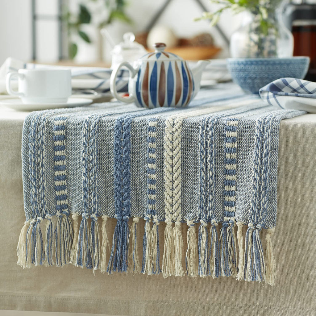 DII Farmhouse Braided Stripe Table Runner Collection, 15x72 (15x77, Fringe Included), Stone