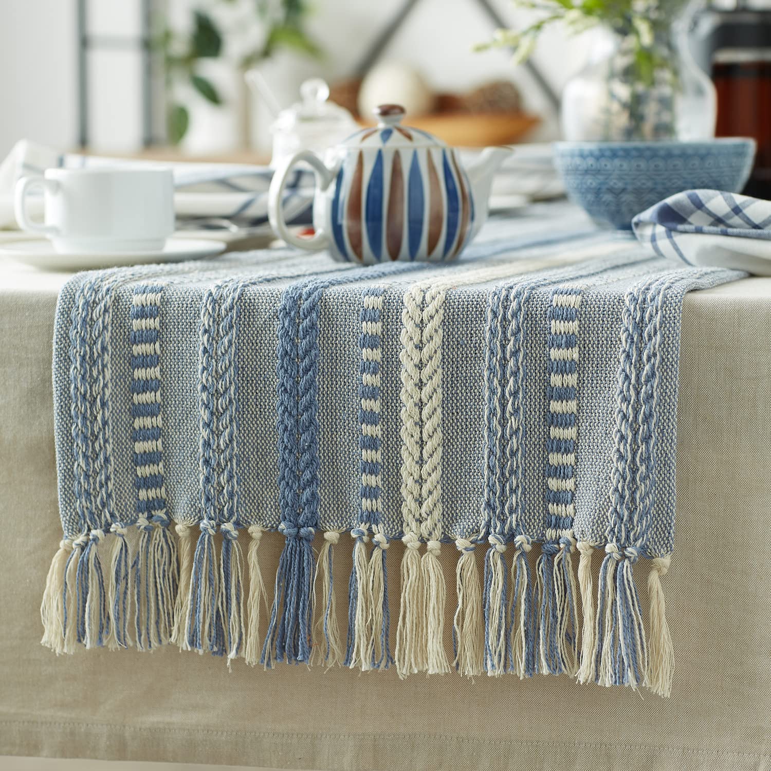 DII Farmhouse Braided Stripe Table Runner Collection, 15x72 (15x77, Fringe Included), Stone