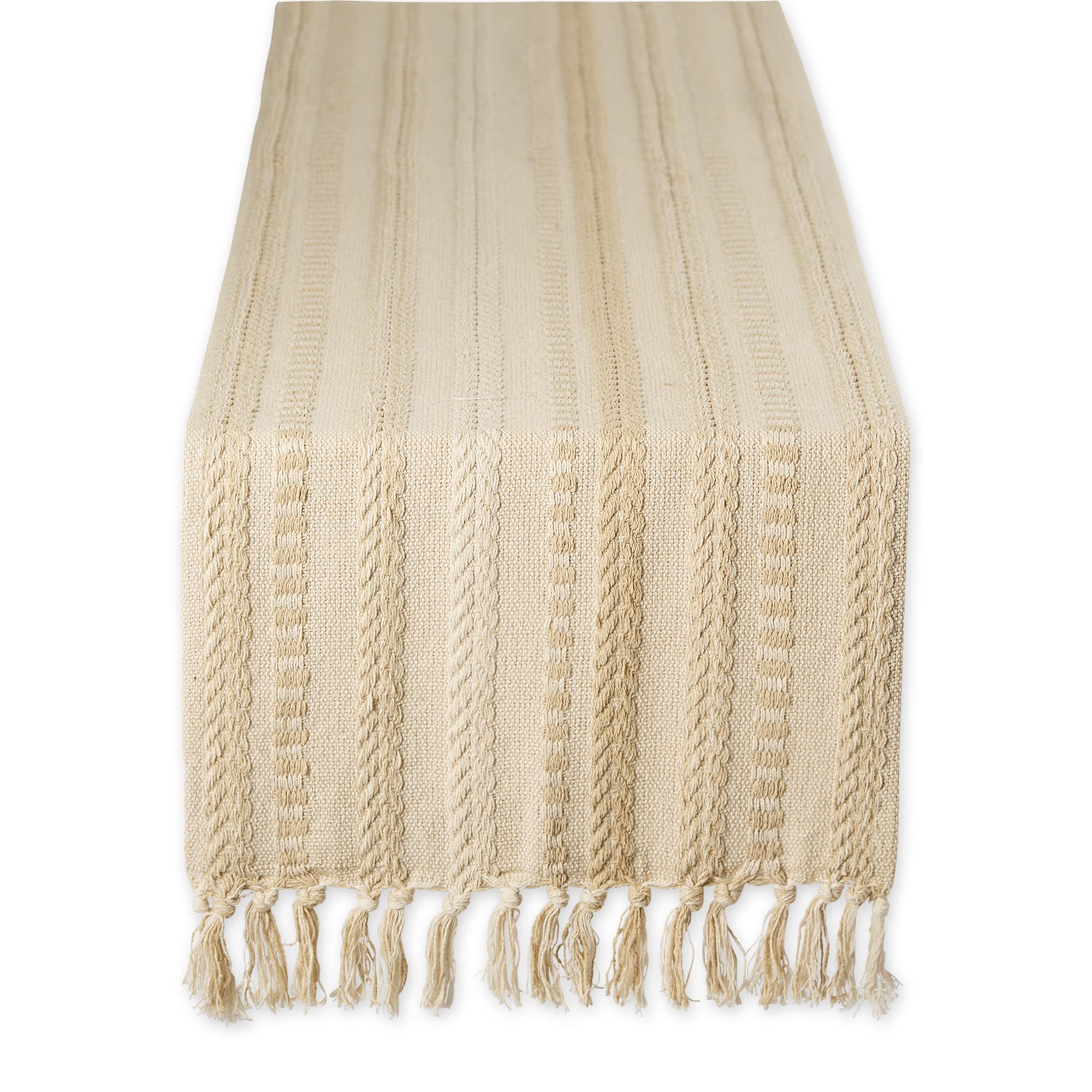 DII Farmhouse Braided Stripe Table Runner Collection, 15x72 (15x77, Fringe Included), Stone