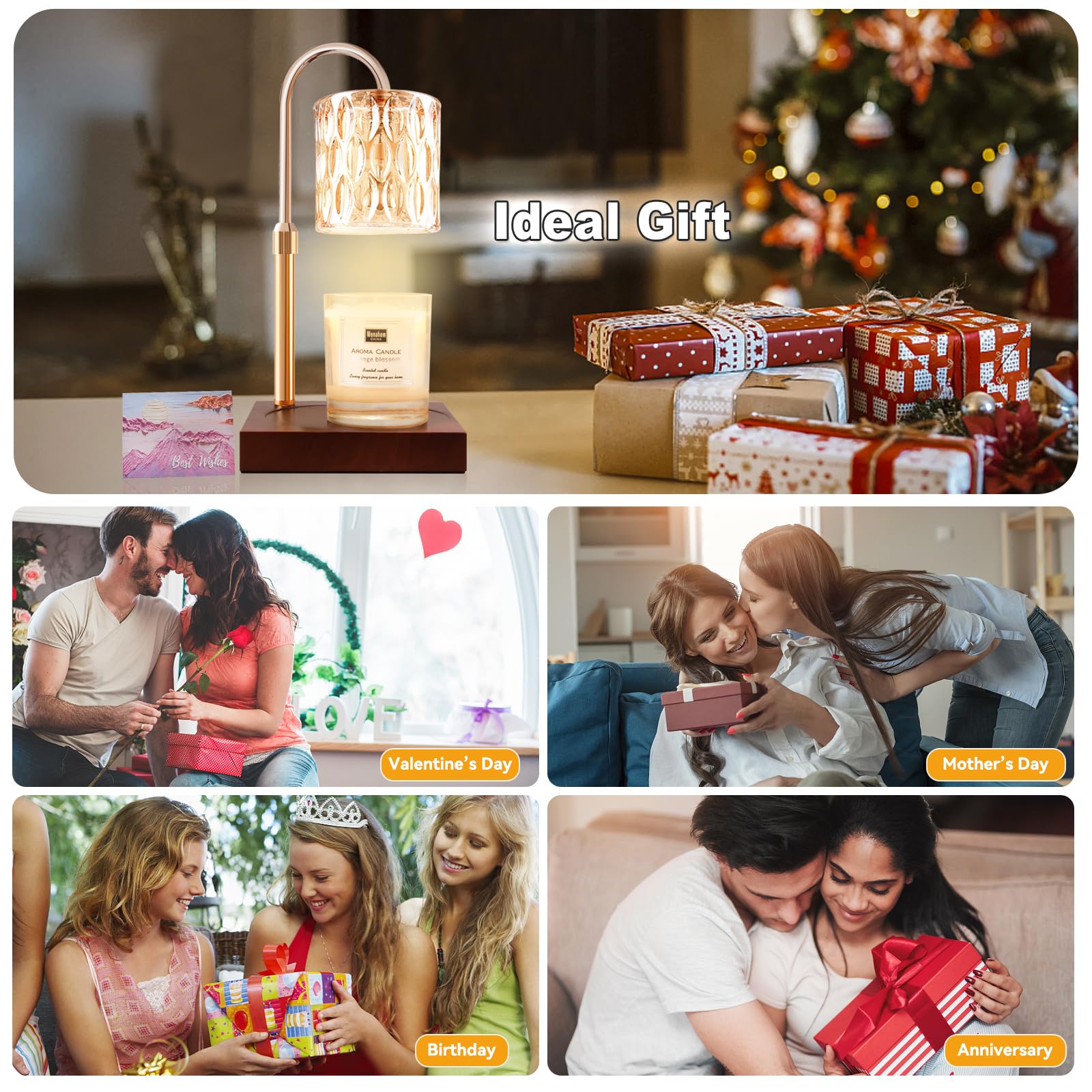 Candle Warmer Lamp with 3 Bulbs, Adjustable Height Dimmable Candle Warmer with Timer, Candle Lamp with Charming Gift Box Ribbon,Birthday Gifts for Women Mom, House Warming Gifts New Home Decor