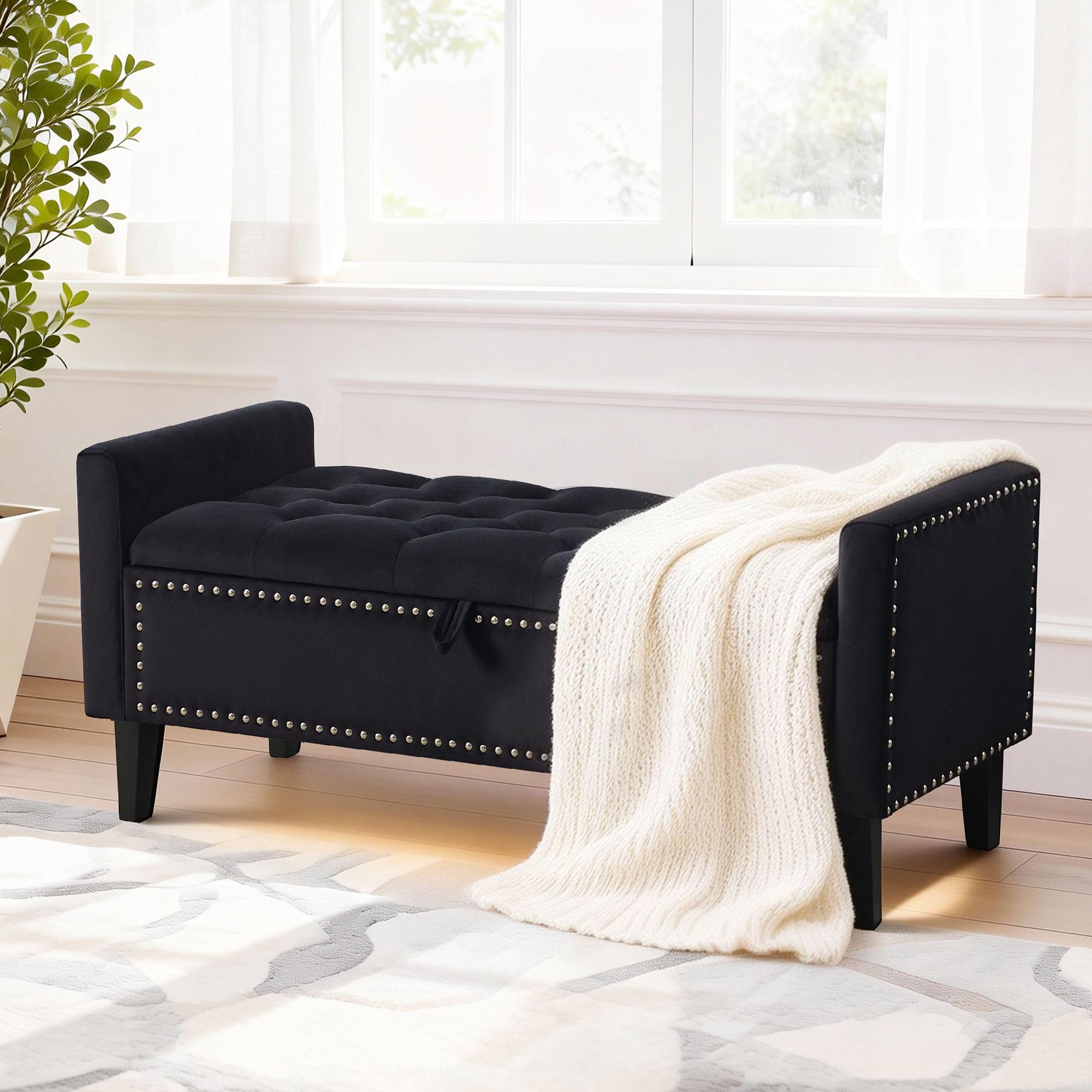 47in Velvet Storage Ottoman Bench with Arms, Upholstered Storage Bench with Wooden Legs, Storage Bench for Bedroom, Living Room, Entryway, Blue Grey