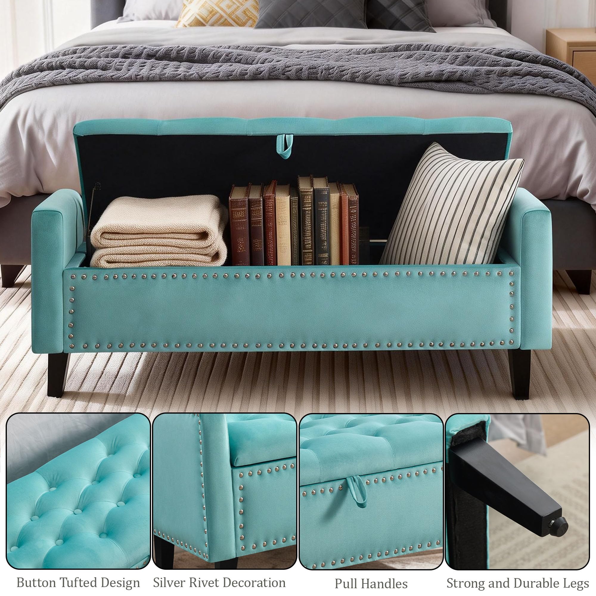 47in Velvet Storage Ottoman Bench with Arms, Upholstered Storage Bench with Wooden Legs, Storage Bench for Bedroom, Living Room, Entryway, Blue Grey