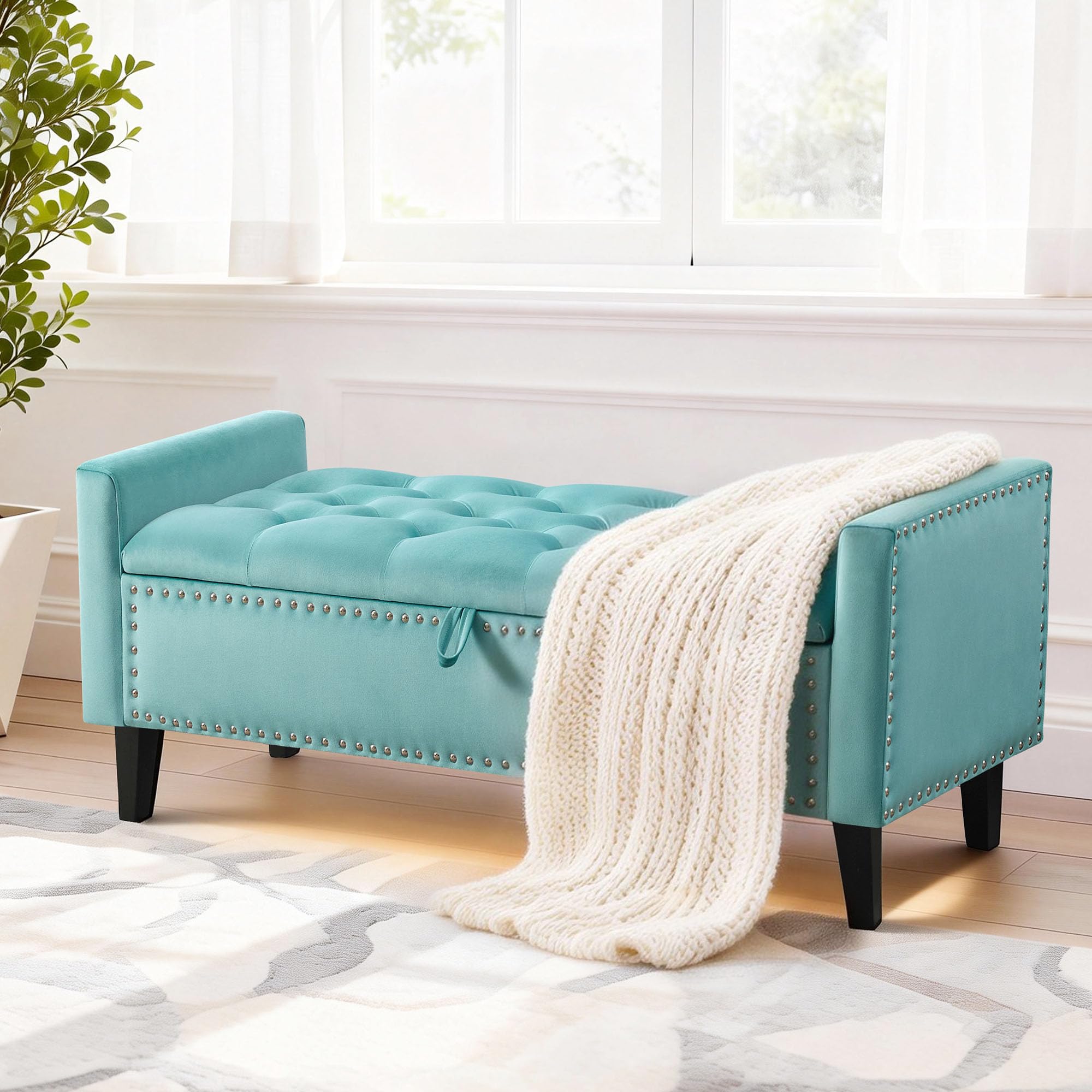 47in Velvet Storage Ottoman Bench with Arms, Upholstered Storage Bench with Wooden Legs, Storage Bench for Bedroom, Living Room, Entryway, Blue Grey