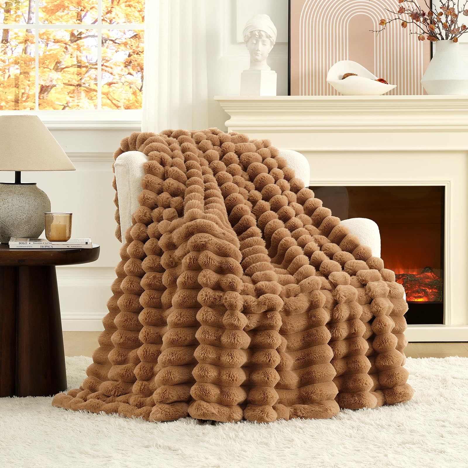 Cozy Bliss Faux Fur Throw Blanket for Couch, Cozy Warm Plush Striped Blanket for Sofa Bedroom Living Room, 50 * 60 Inches Cream White