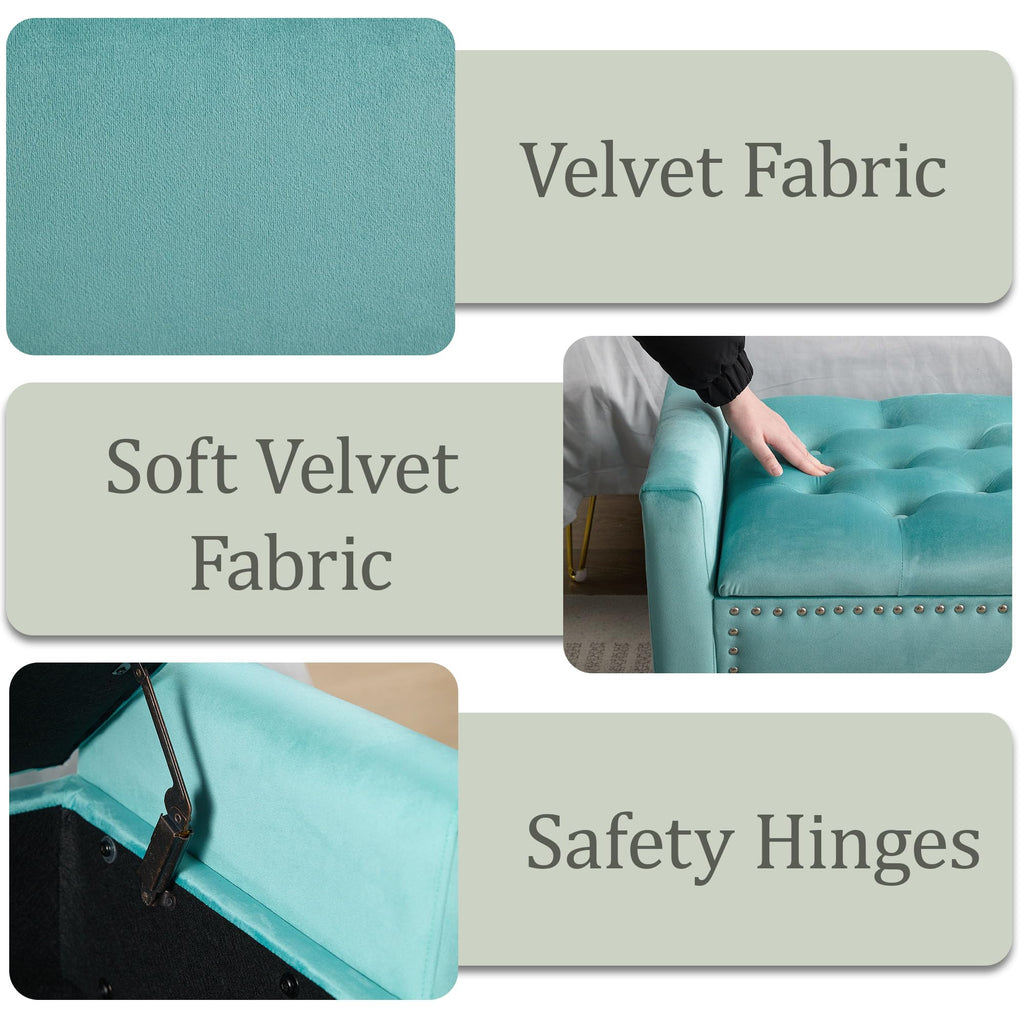 47in Velvet Storage Ottoman Bench with Arms, Upholstered Storage Bench with Wooden Legs, Storage Bench for Bedroom, Living Room, Entryway, Blue Grey
