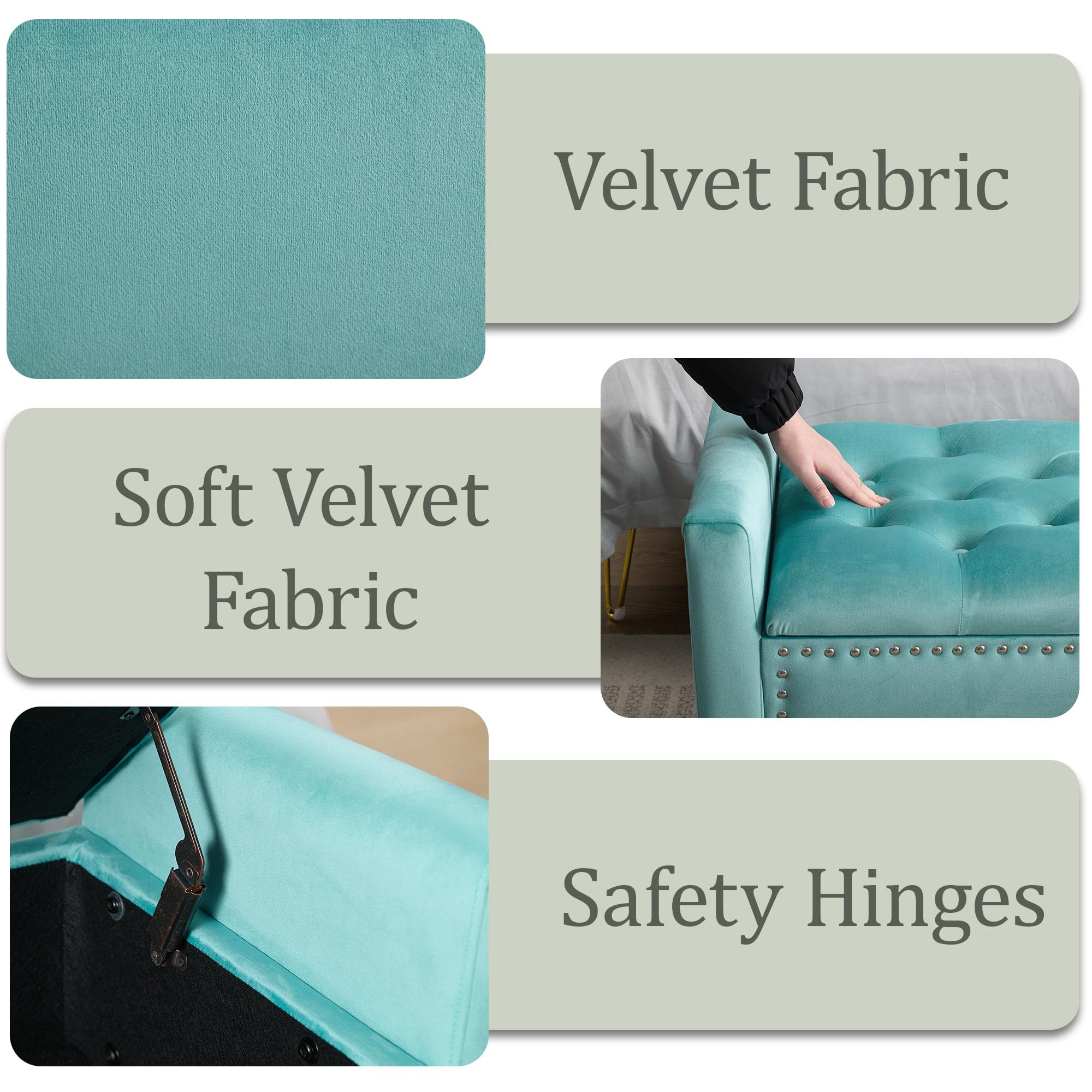 47in Velvet Storage Ottoman Bench with Arms, Upholstered Storage Bench with Wooden Legs, Storage Bench for Bedroom, Living Room, Entryway, Blue Grey