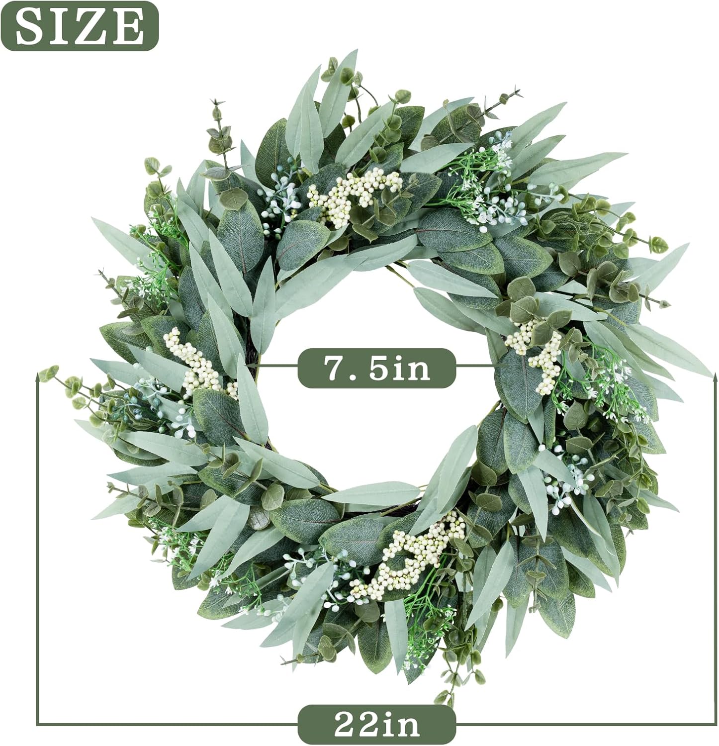 Eucalyptus Wreaths 22" Large Artificial Greenery Outdoor/Indoor Wreath Spring/Summer/Winter Wreath Green Wreaths for Front Door Porch Window Wall Hanging Decor All Year Round Wre-ath（Green）