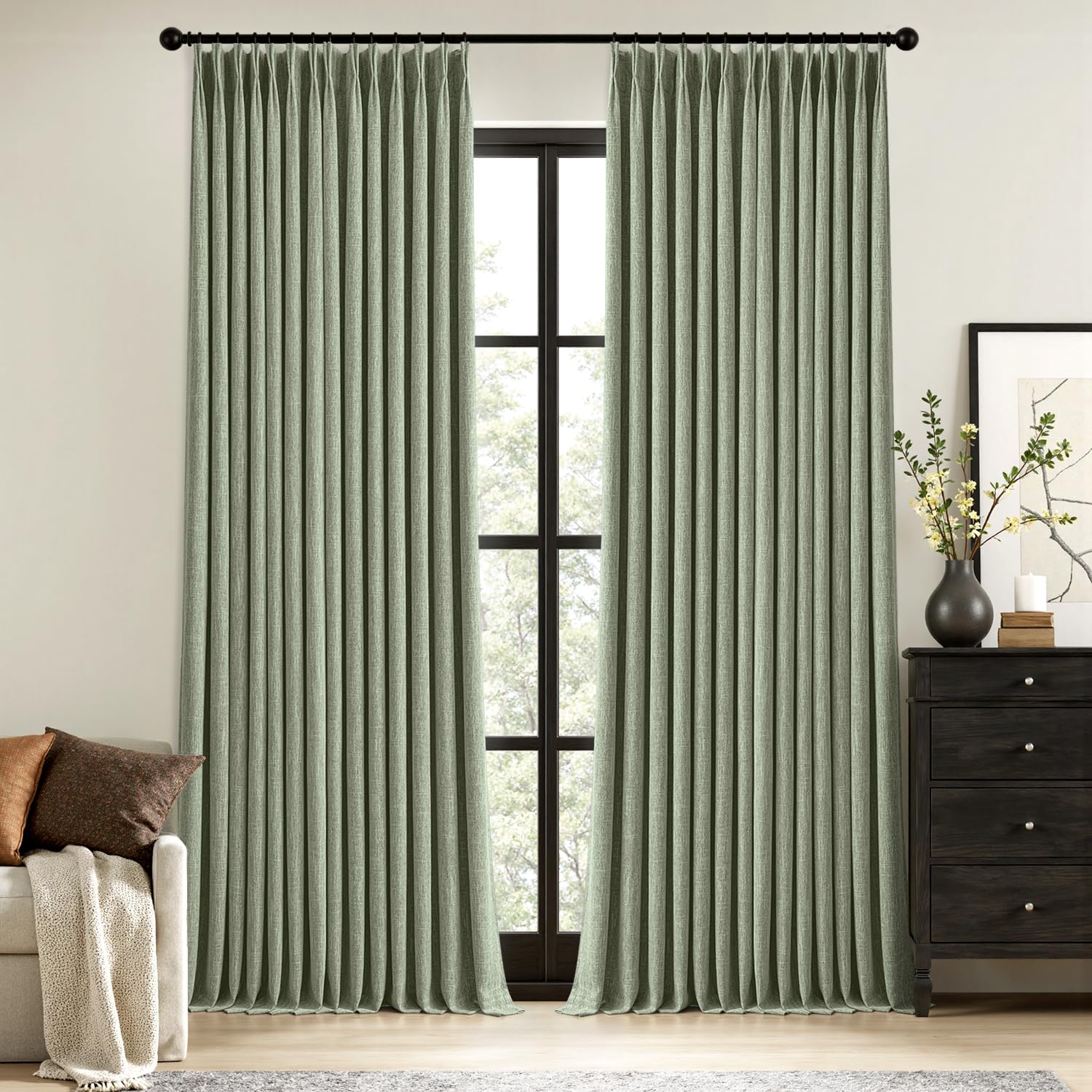 MIULEE Olive Green Pinch Pleated 100% Blackout Linen Curtains 90 Inch Length 2 Panels Set, Black Out Memory Trained Pleat Curtains Light Blocking Room Darkening Drapes for Bedroom Living Room Window