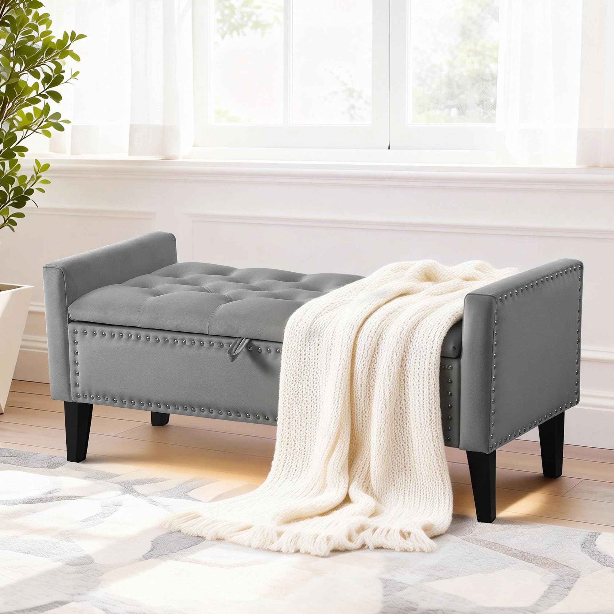 47in Velvet Storage Ottoman Bench with Arms, Upholstered Storage Bench with Wooden Legs, Storage Bench for Bedroom, Living Room, Entryway, Blue Grey