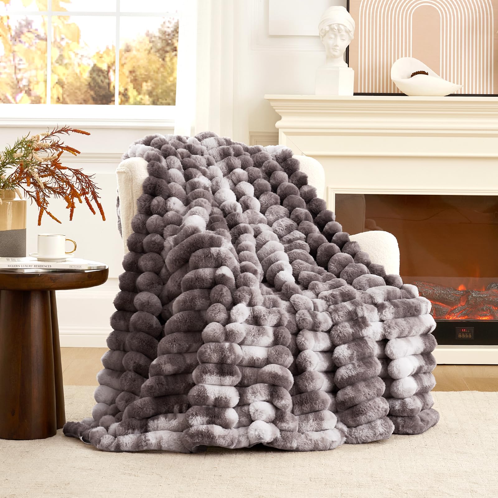 Cozy Bliss Faux Fur Throw Blanket for Couch, Cozy Warm Plush Striped Blanket for Sofa Bedroom Living Room, 50 * 60 Inches Cream White