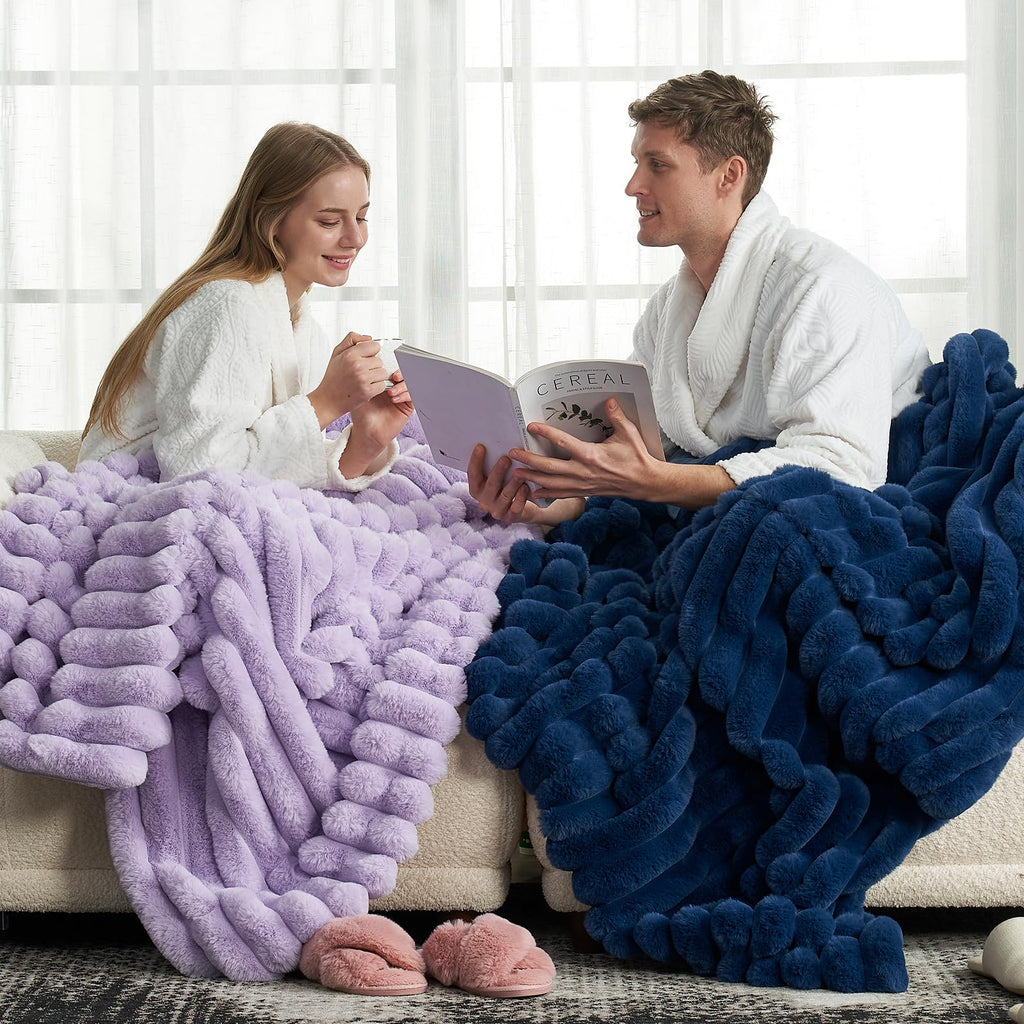 Cozy Bliss Faux Fur Throw Blanket for Couch, Cozy Warm Plush Striped Blanket for Sofa Bedroom Living Room, 50 * 60 Inches Cream White