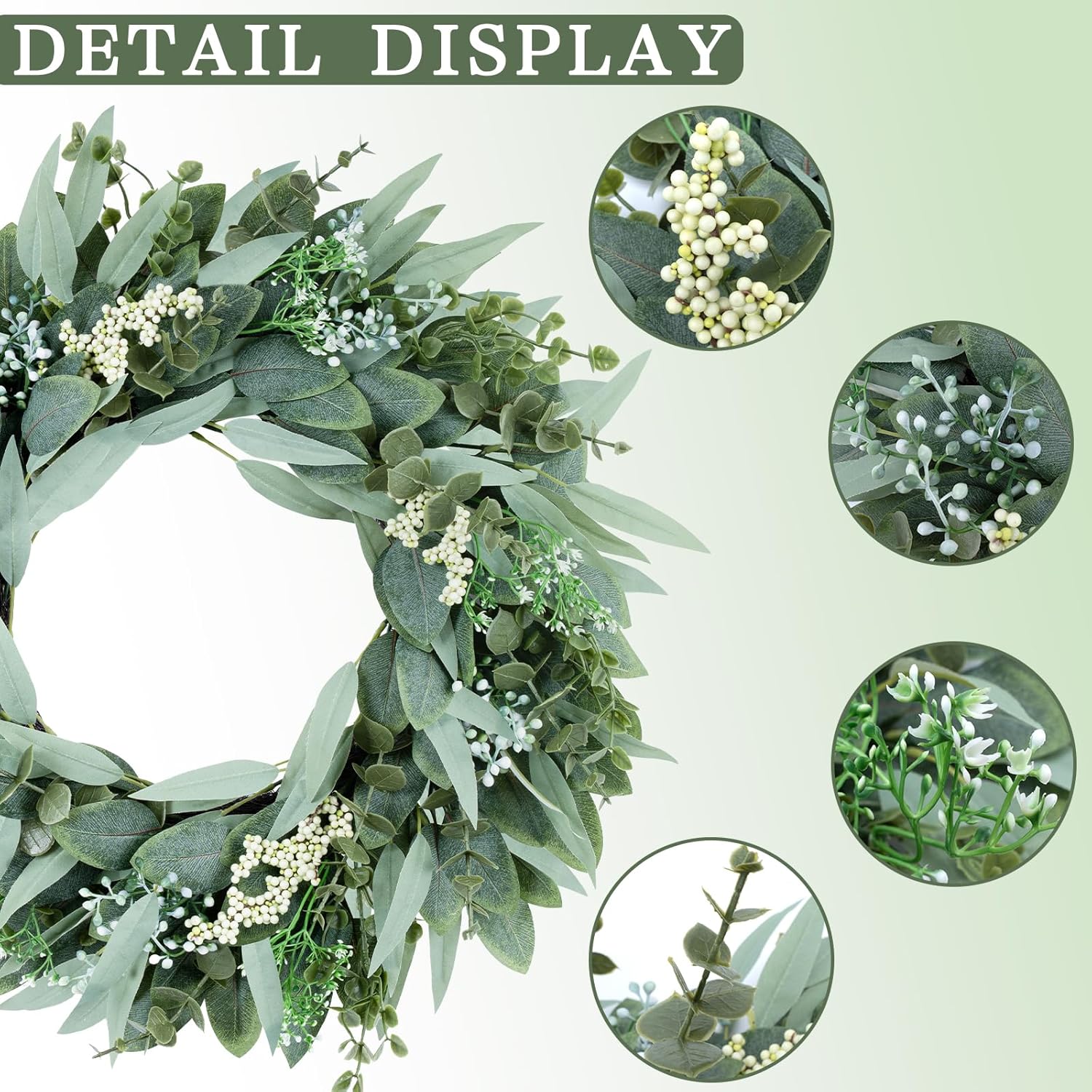 Eucalyptus Wreaths 22" Large Artificial Greenery Outdoor/Indoor Wreath Spring/Summer/Winter Wreath Green Wreaths for Front Door Porch Window Wall Hanging Decor All Year Round Wre-ath（Green）