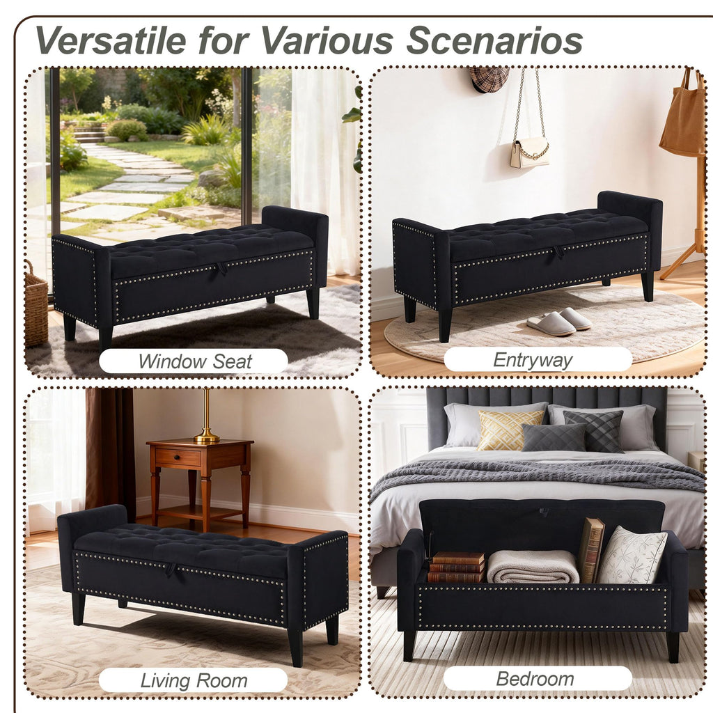 47in Velvet Storage Ottoman Bench with Arms, Upholstered Storage Bench with Wooden Legs, Storage Bench for Bedroom, Living Room, Entryway, Blue Grey