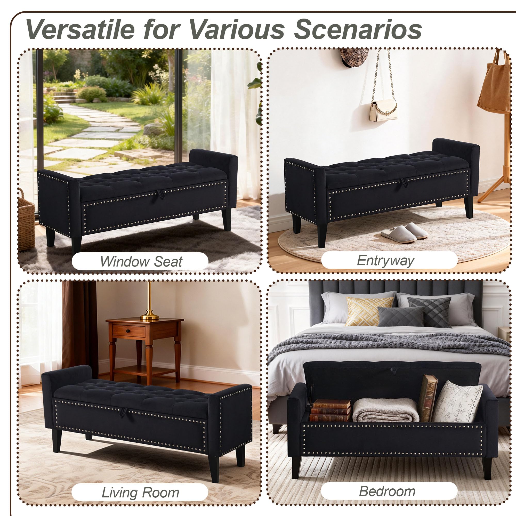 47in Velvet Storage Ottoman Bench with Arms, Upholstered Storage Bench with Wooden Legs, Storage Bench for Bedroom, Living Room, Entryway, Blue Grey