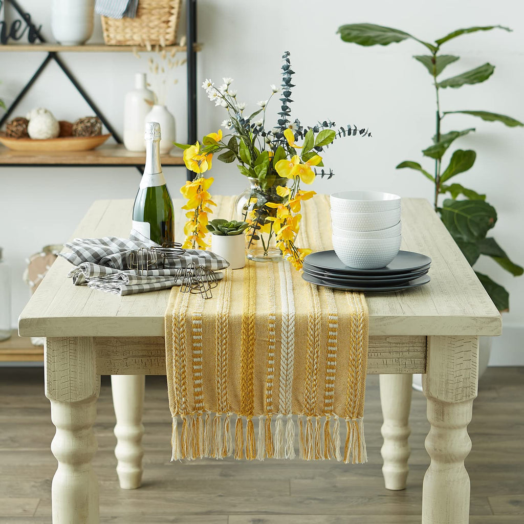 DII Farmhouse Braided Stripe Table Runner Collection, 15x72 (15x77, Fringe Included), Stone