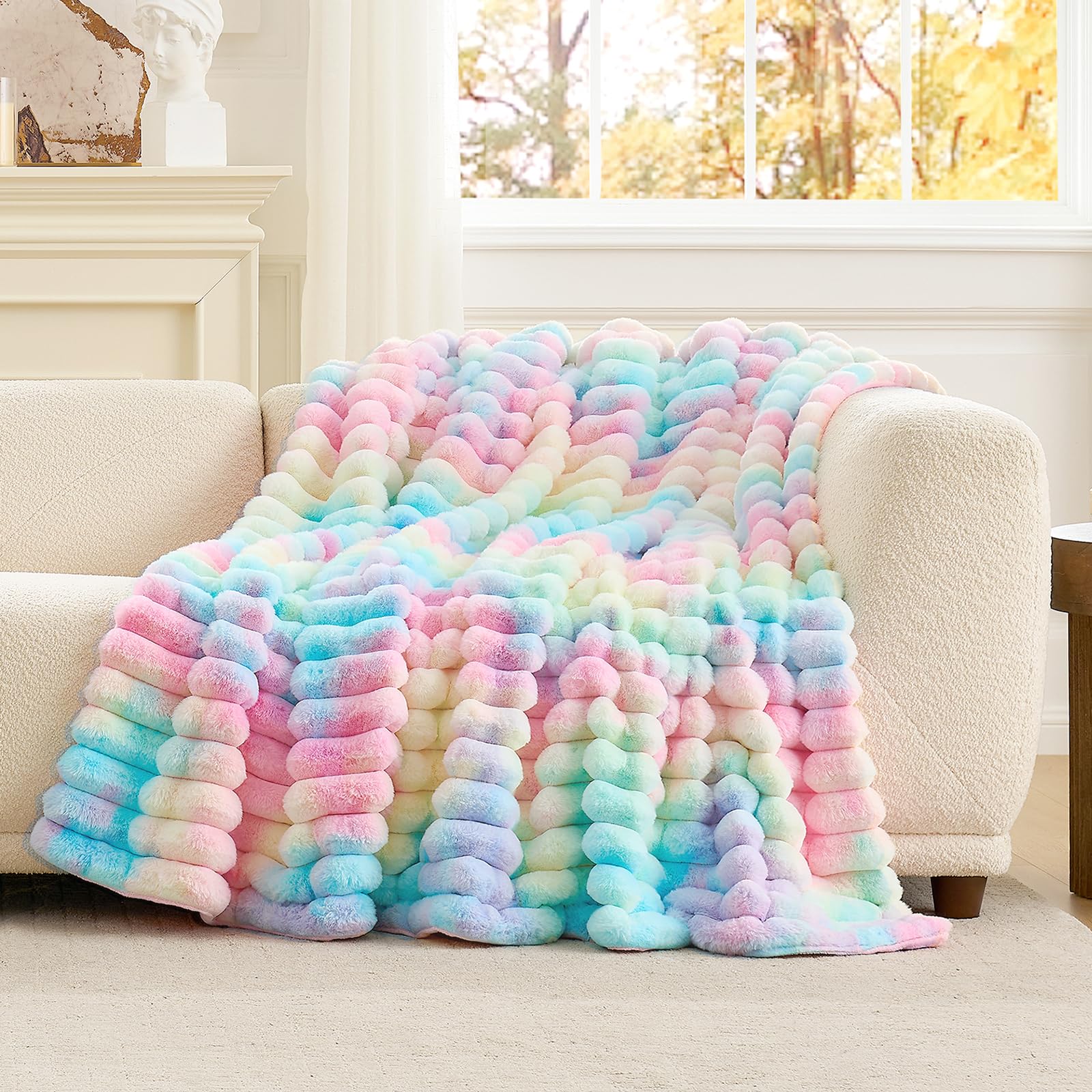 Cozy Bliss Faux Fur Throw Blanket for Couch, Cozy Warm Plush Striped Blanket for Sofa Bedroom Living Room, 50 * 60 Inches Cream White